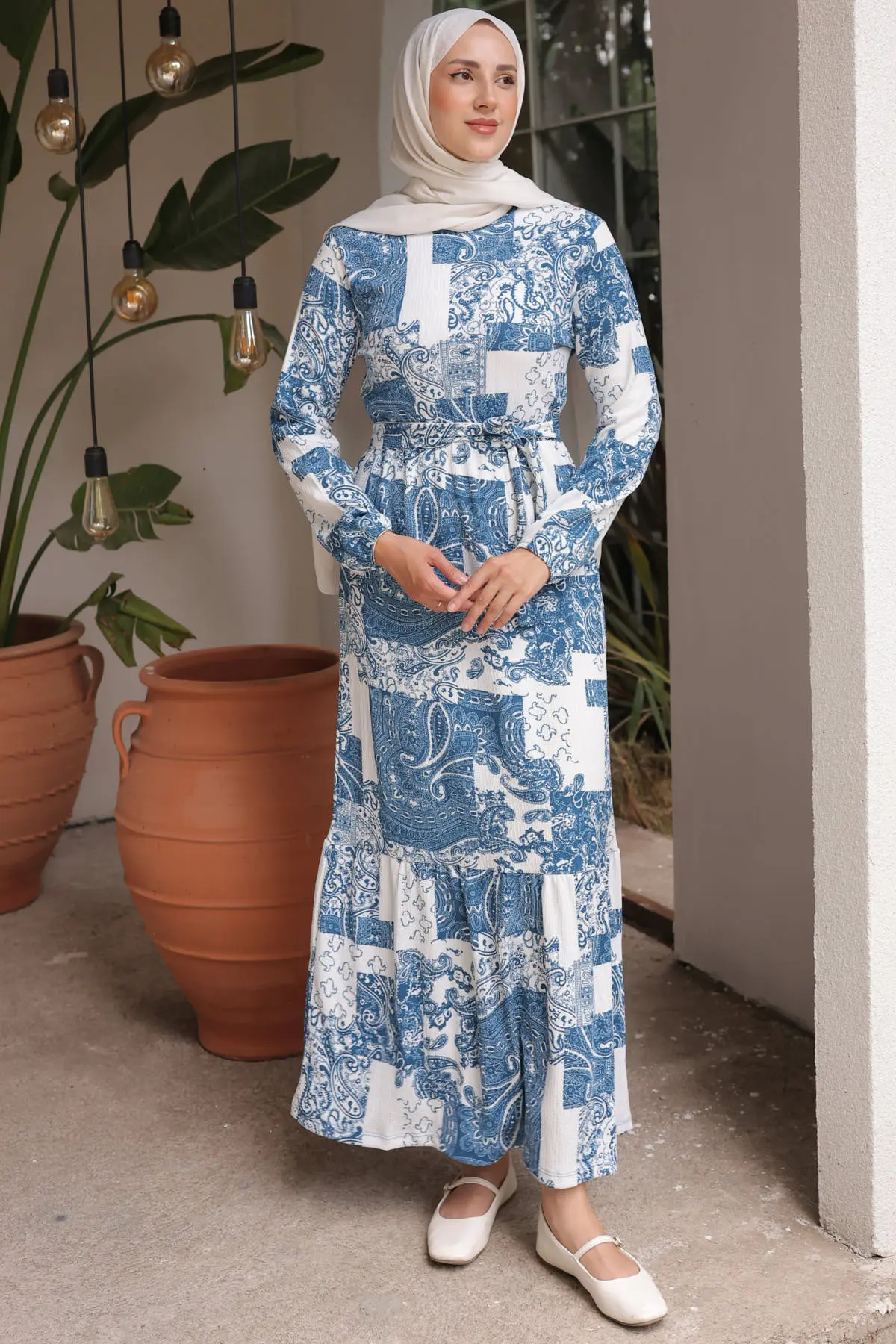 4029 Desenli Tesettür Elbise Mavi-detail