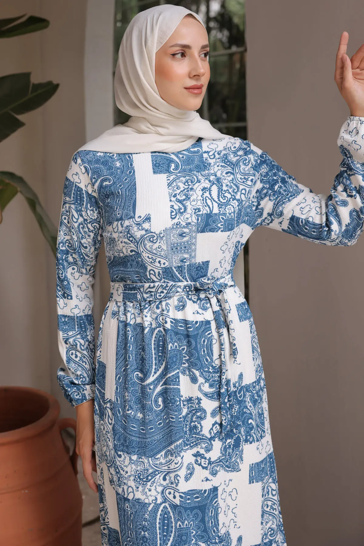 4029 Desenli Tesettür Elbise Mavi-detail