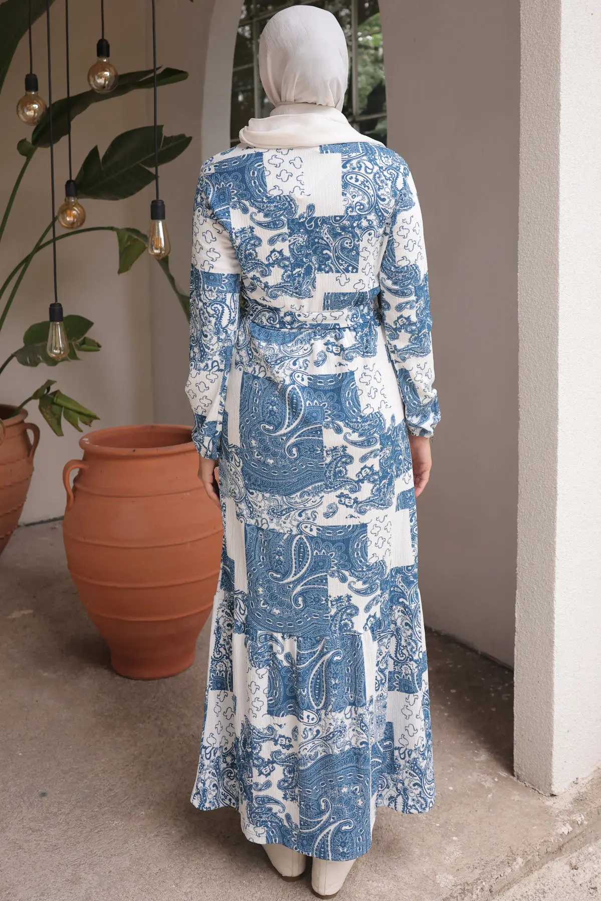 4029 Desenli Tesettür Elbise Mavi-detail