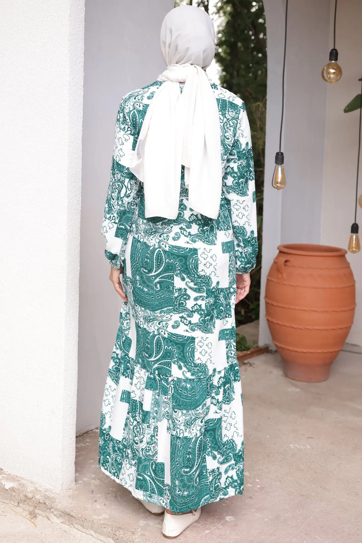 4029 Desenli Tesettür Elbise Zümrüt Yeşili-detail