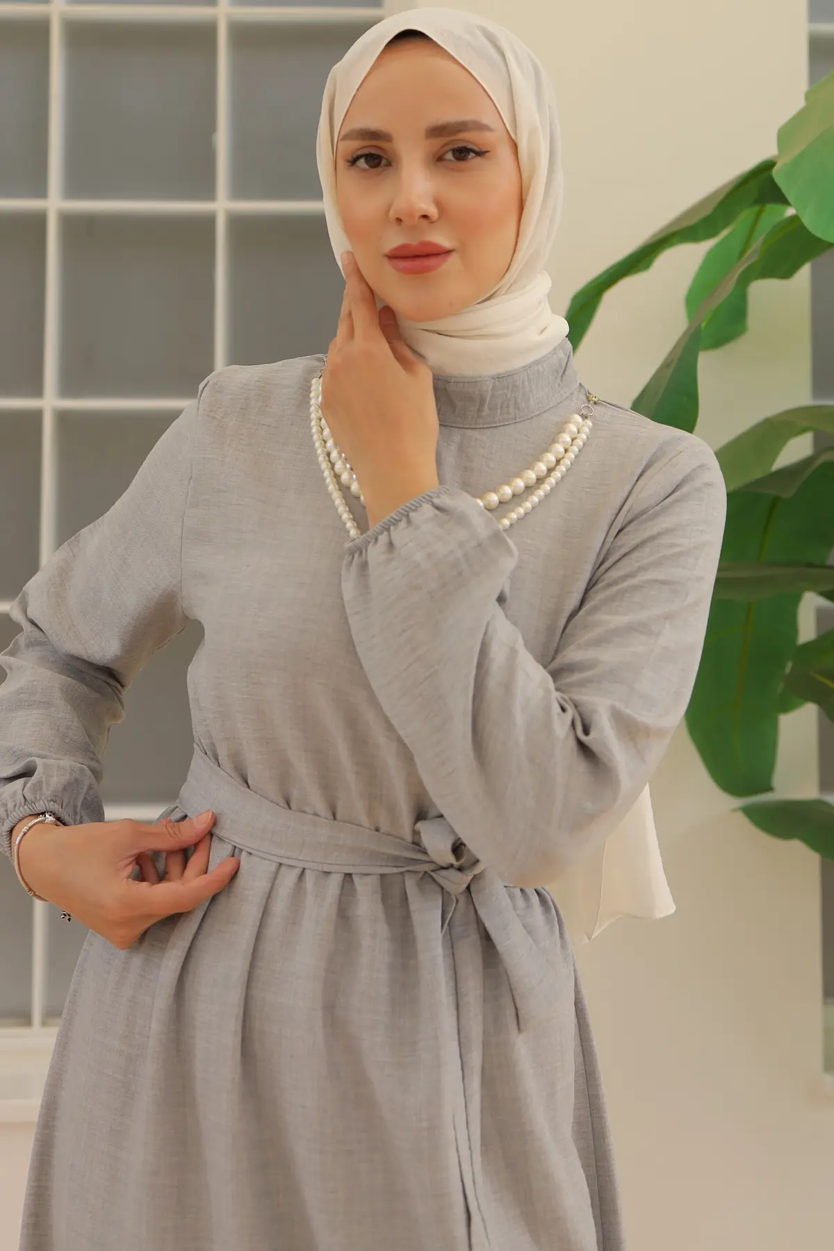 4034 İnci Kolyeli Keten Elbise Gri-detail