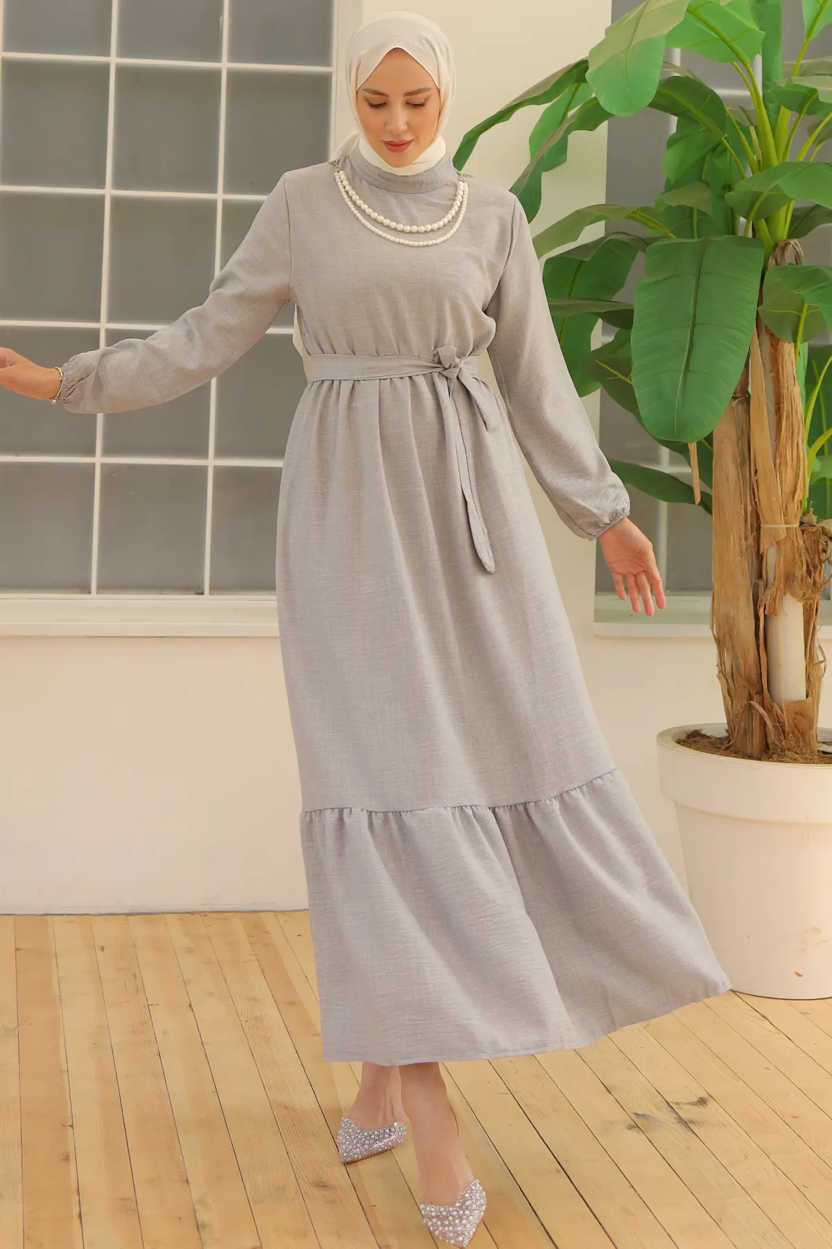 4034 İnci Kolyeli Keten Elbise Gri-detail