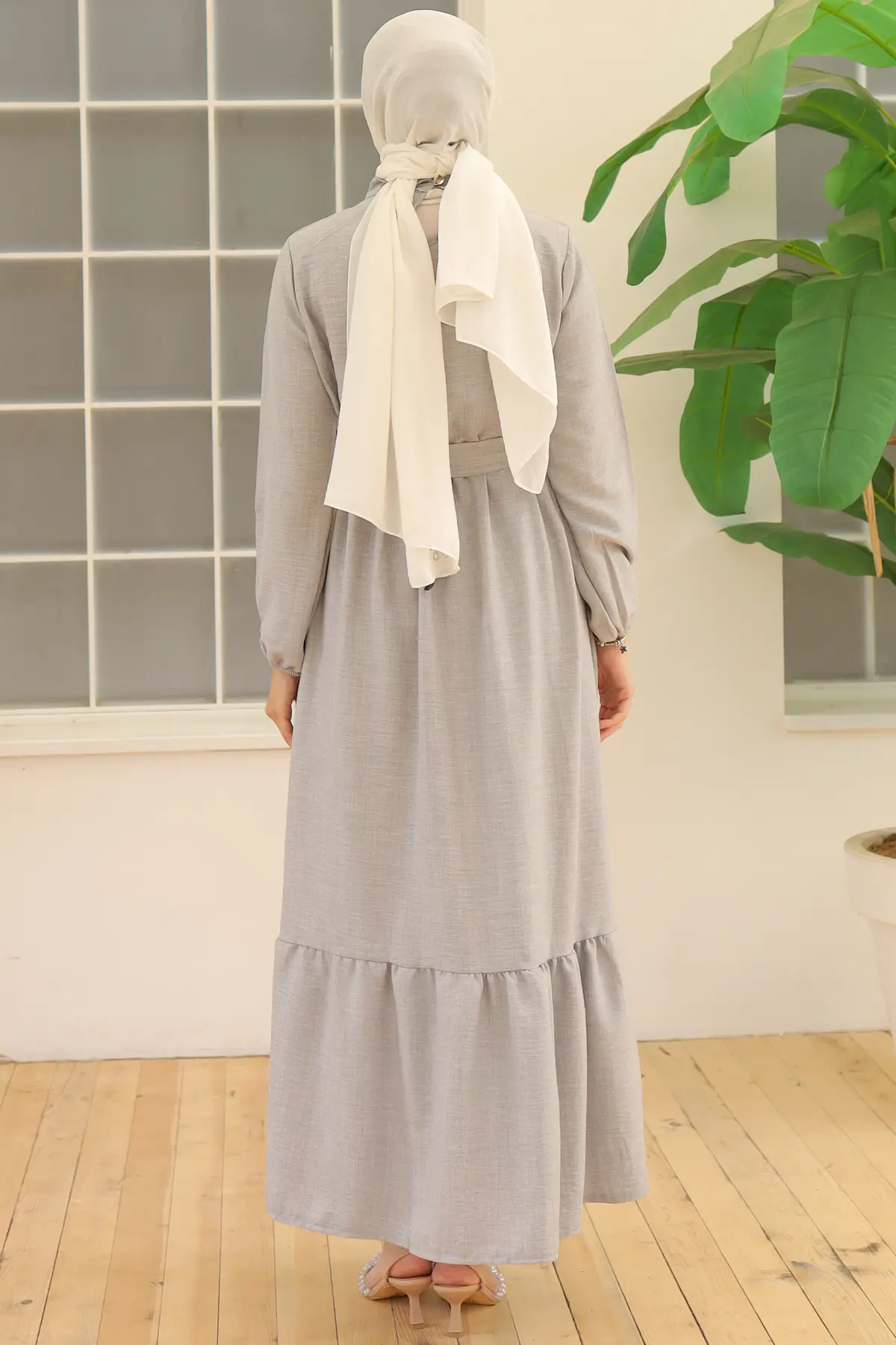 4034 İnci Kolyeli Keten Elbise Gri-detail