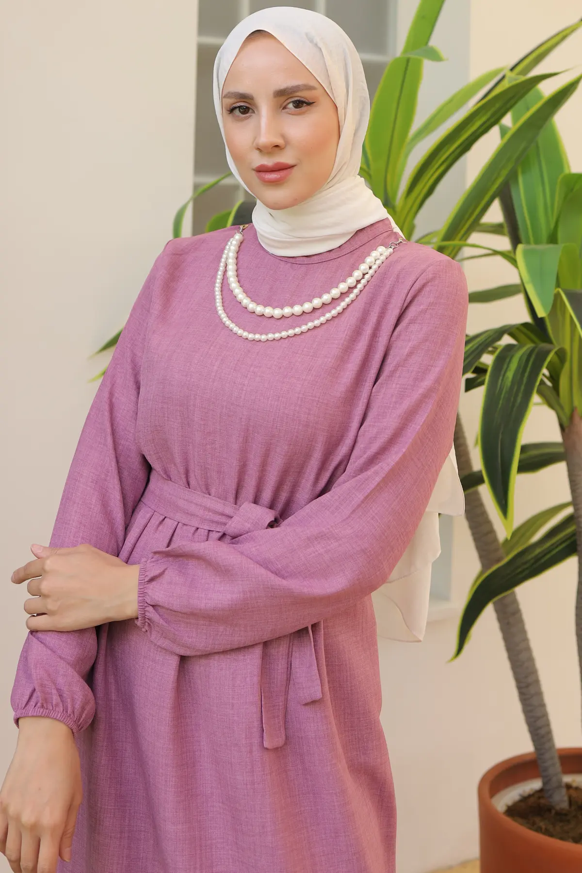 4034 İnci Kolyeli Keten Elbise Gül Kurusu-detail