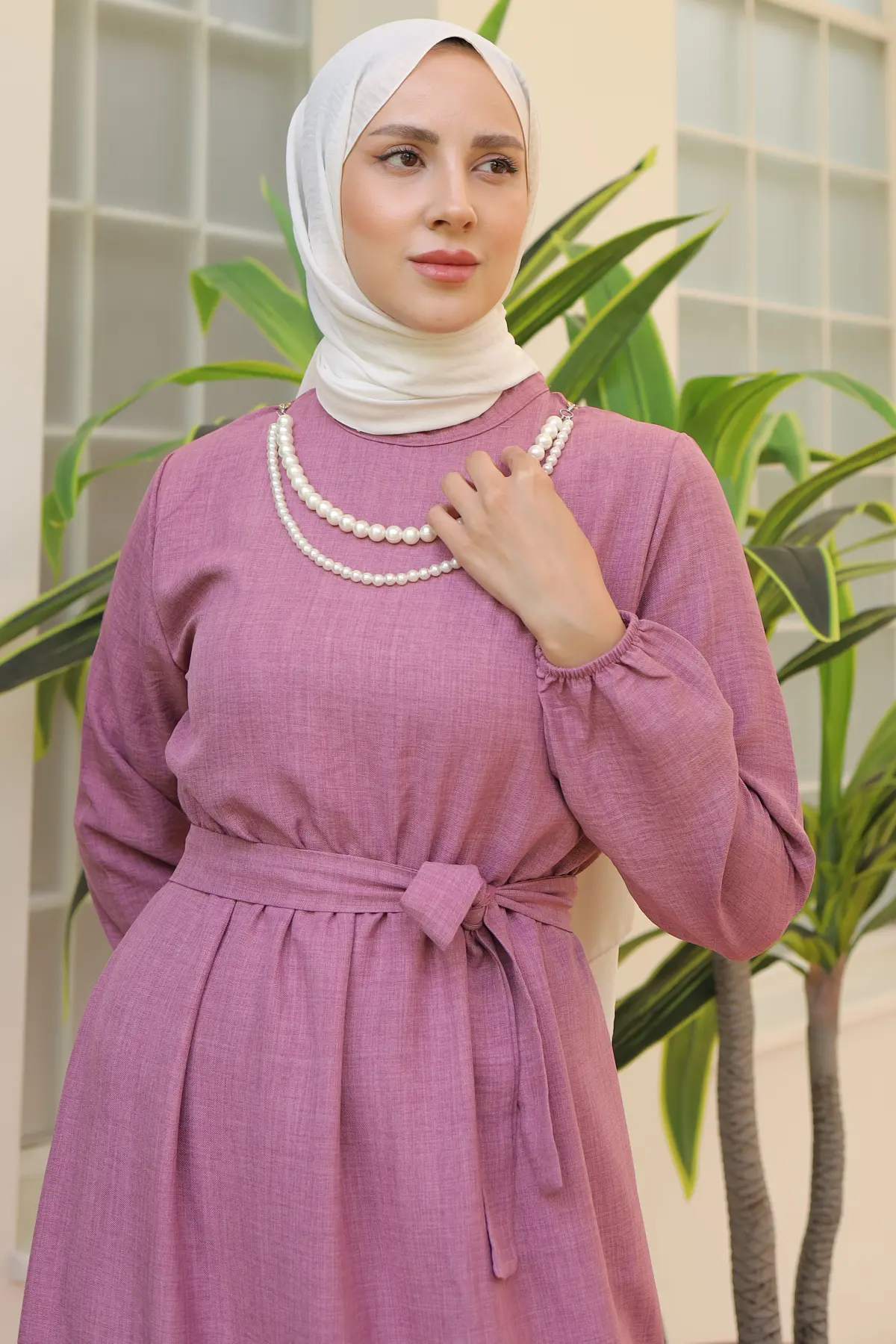 4034 İnci Kolyeli Keten Elbise Gül Kurusu-detail