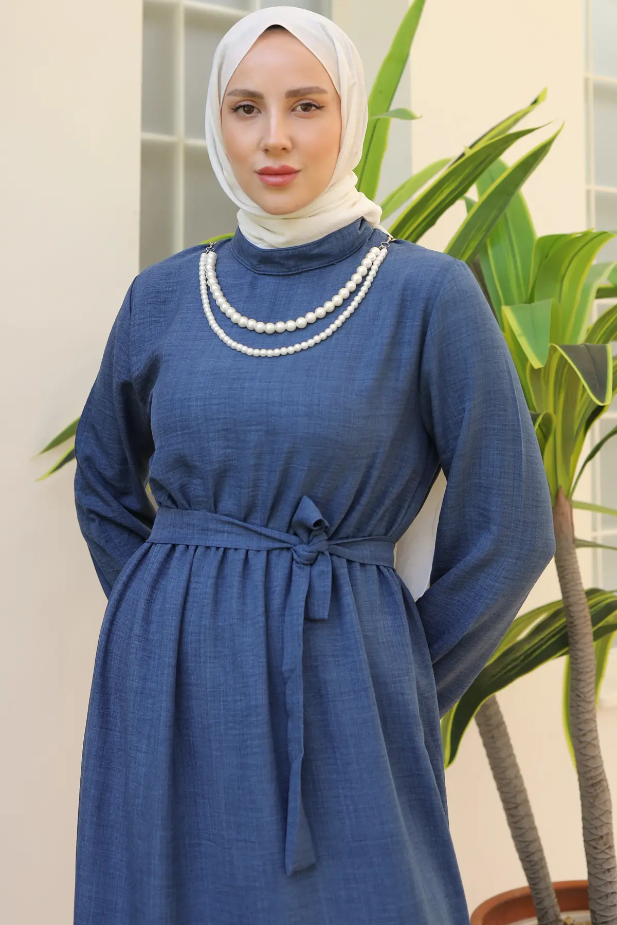 4034 İnci Kolyeli Keten Elbise İndigo-detail