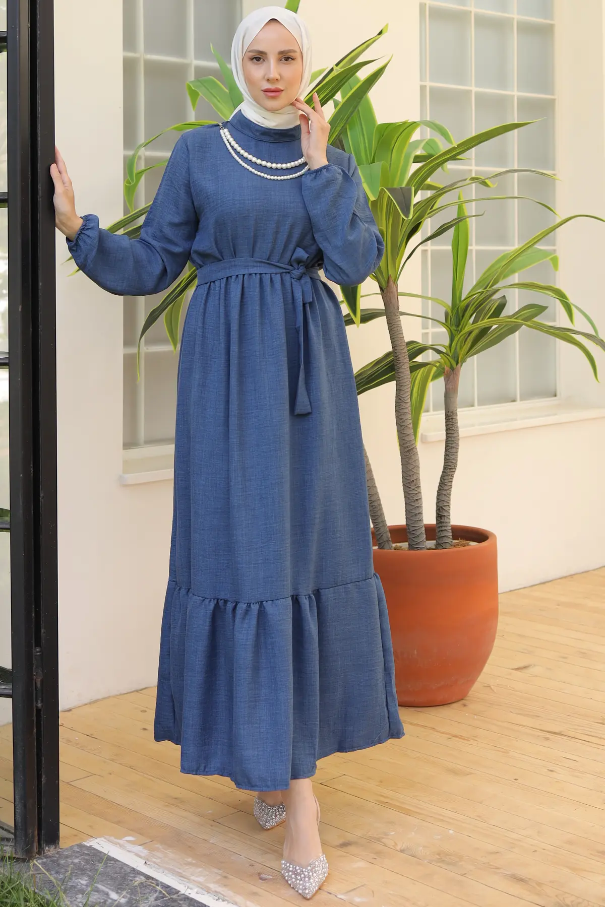 4034 İnci Kolyeli Keten Elbise İndigo-detail