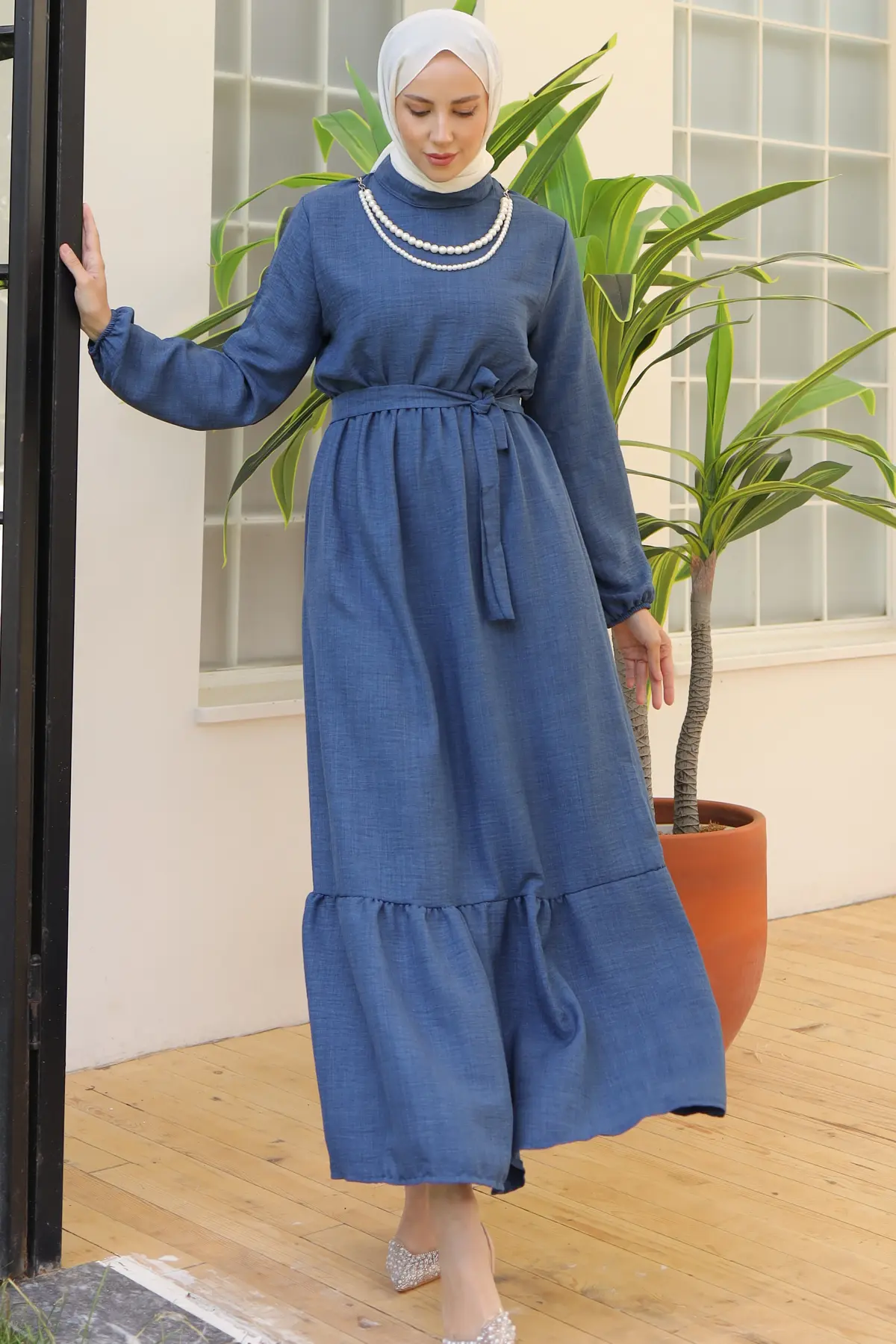 4034 İnci Kolyeli Keten Elbise İndigo-detail