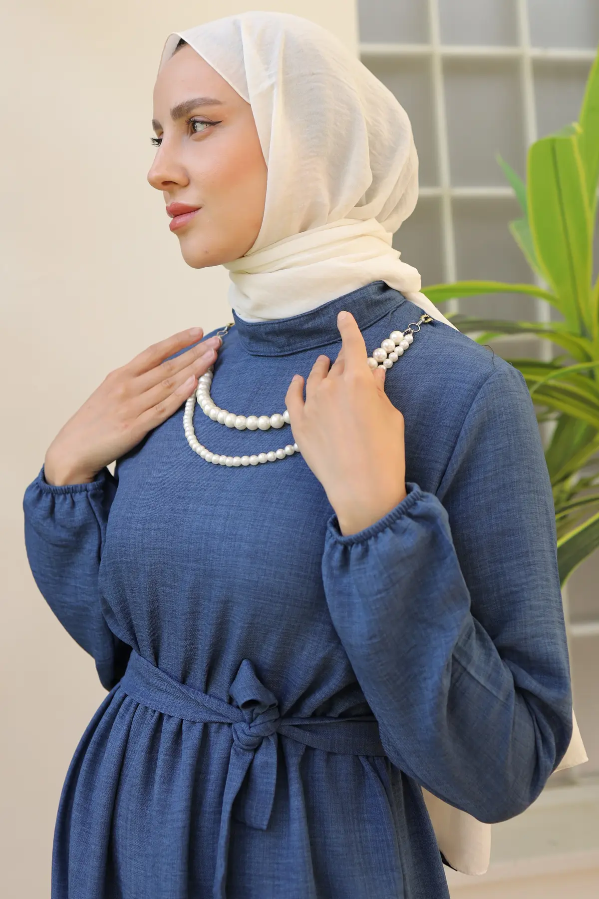 4034 İnci Kolyeli Keten Elbise İndigo-detail