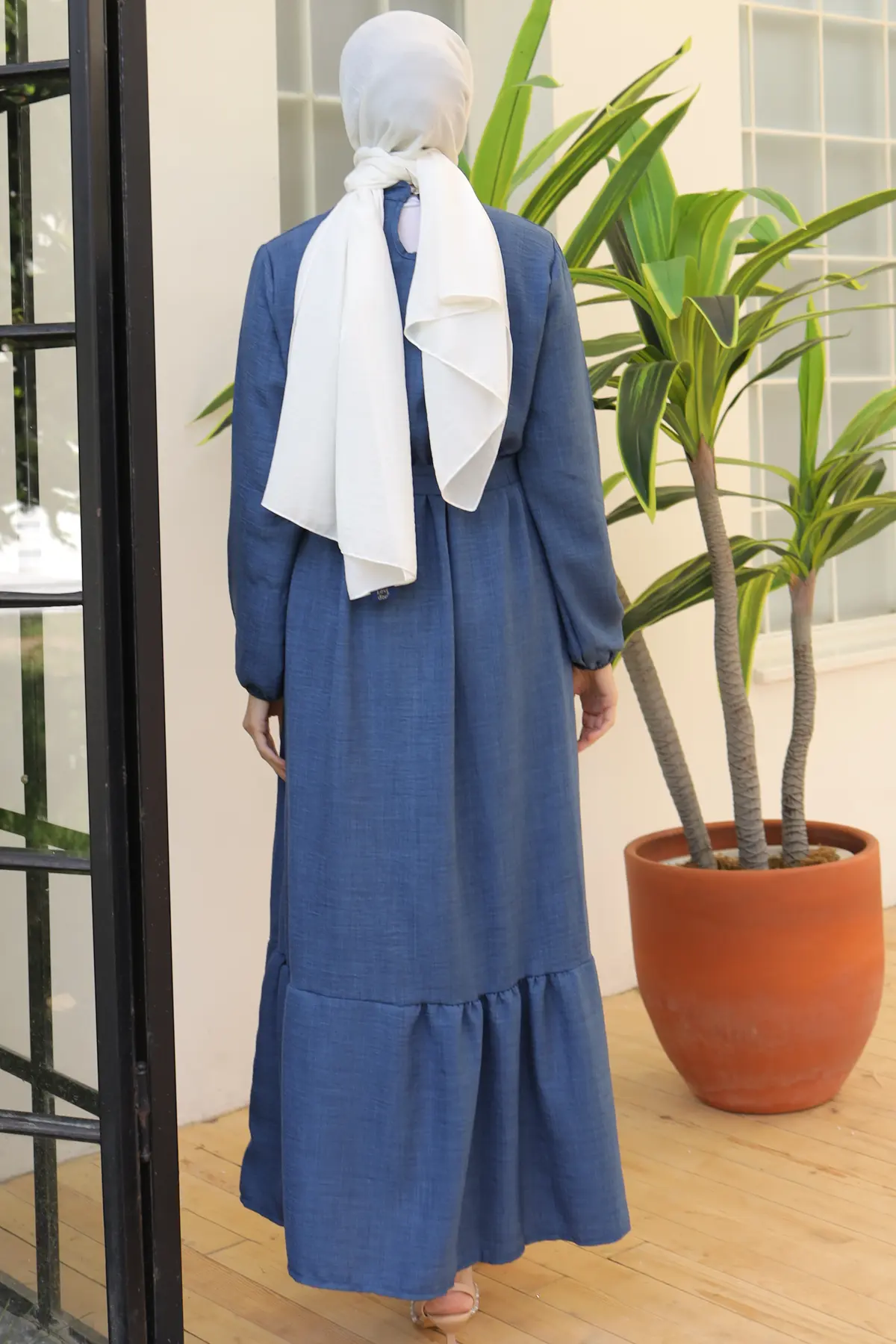 4034 İnci Kolyeli Keten Elbise İndigo-detail