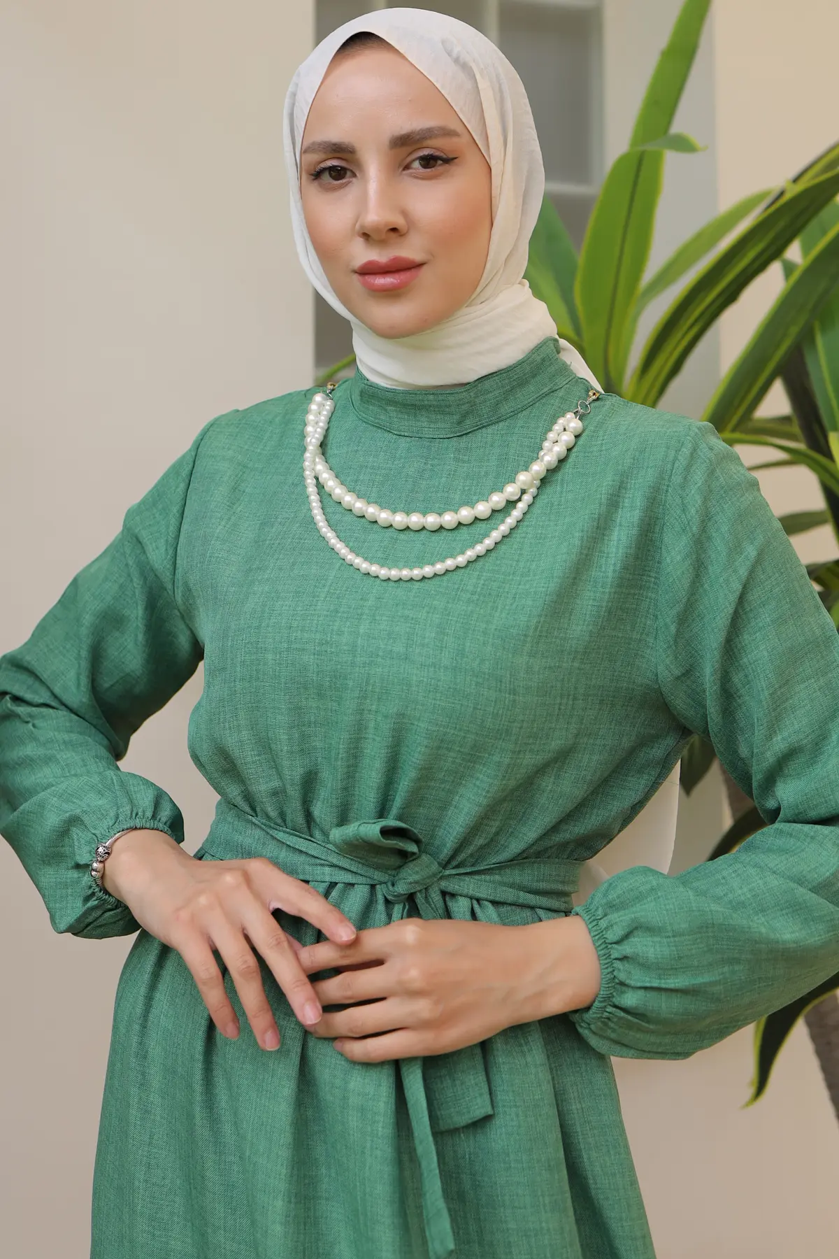 4034 İnci Kolyeli Keten Elbise Yeşil-detail