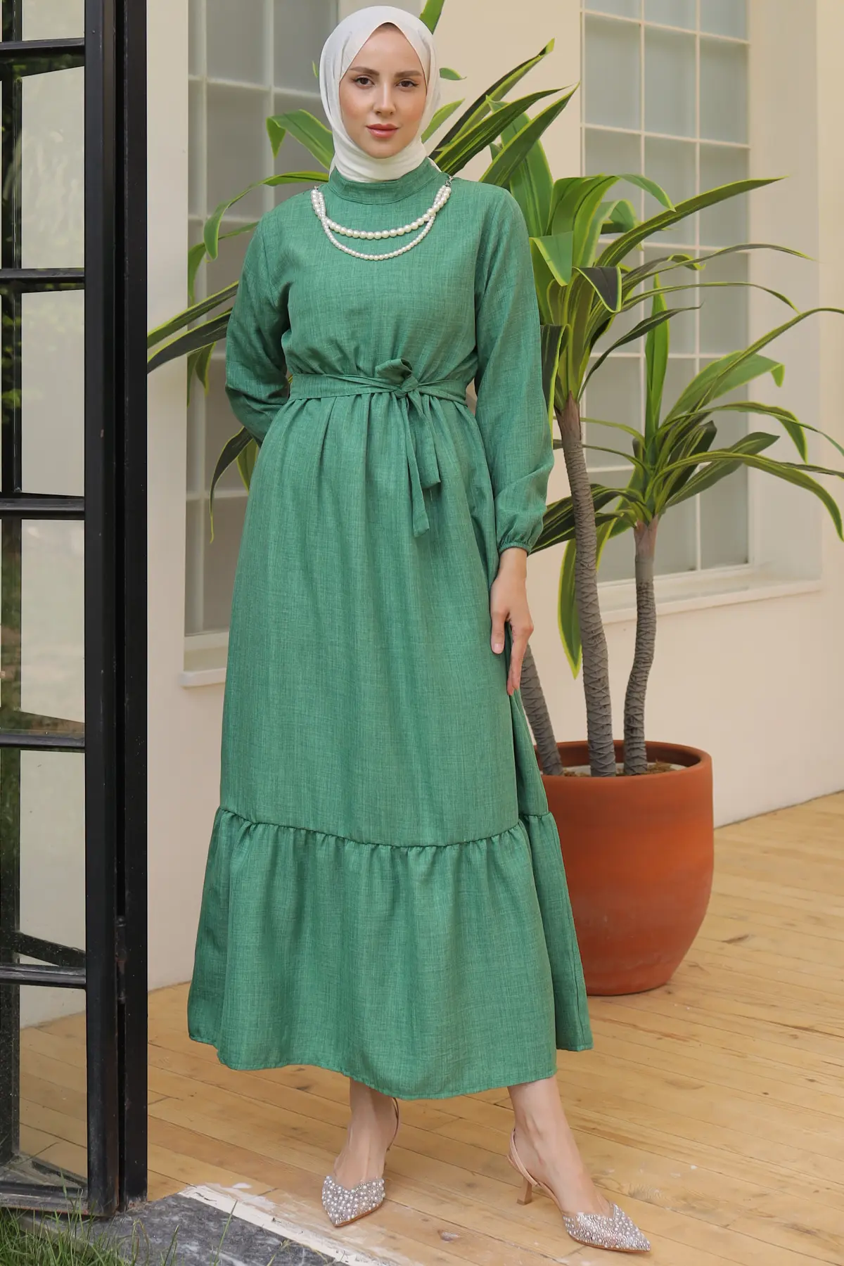 4034 İnci Kolyeli Keten Elbise Yeşil-detail