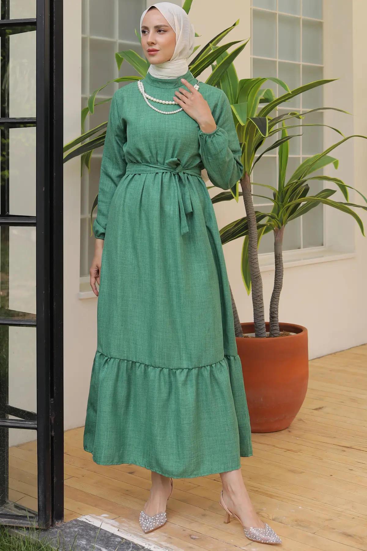 4034 İnci Kolyeli Keten Elbise Yeşil-detail