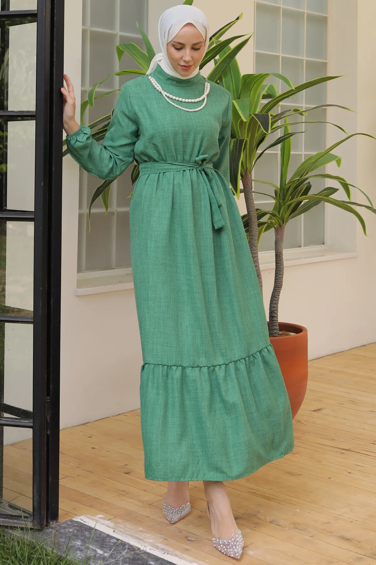4034 İnci Kolyeli Keten Elbise Yeşil-detail