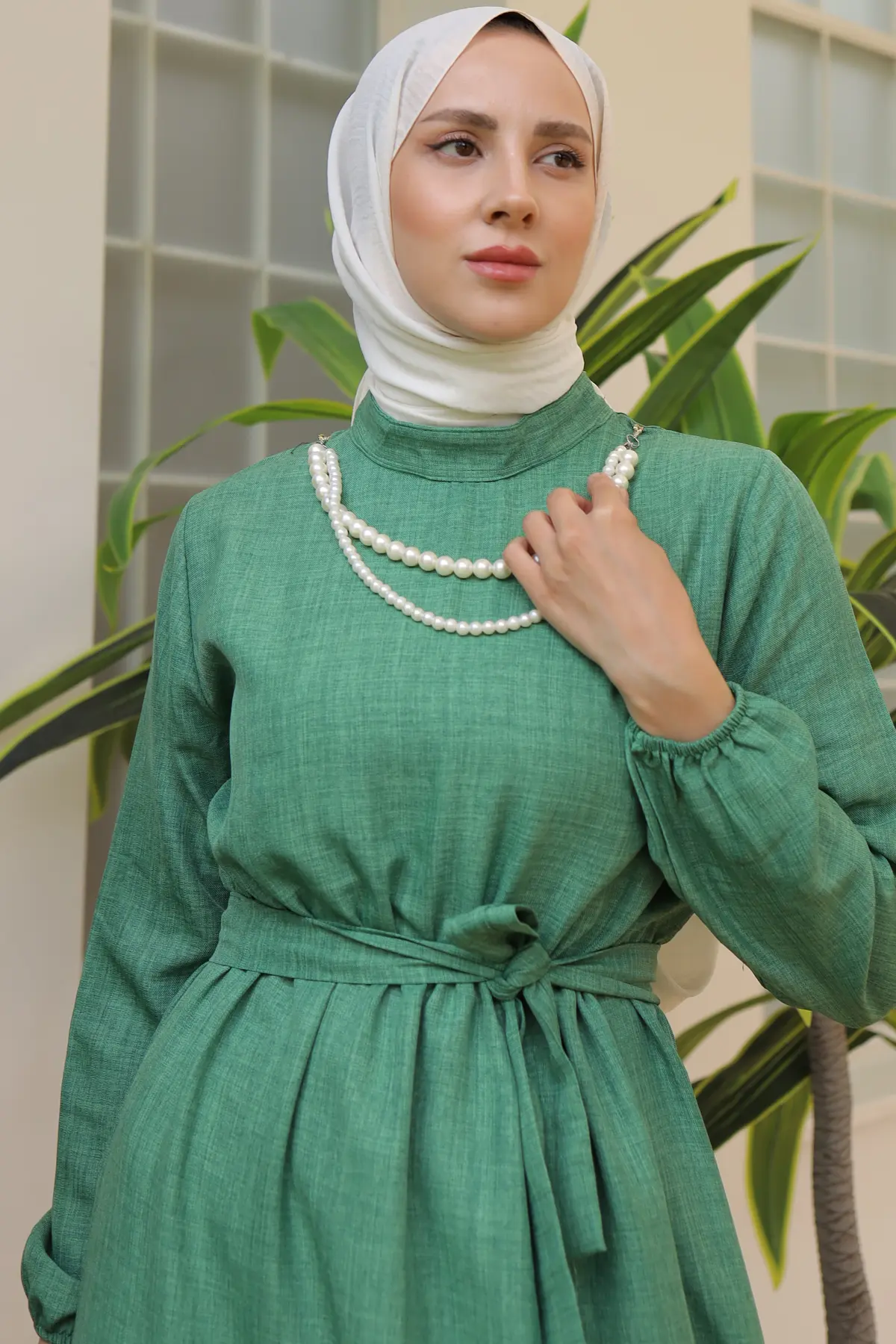 4034 İnci Kolyeli Keten Elbise Yeşil-detail