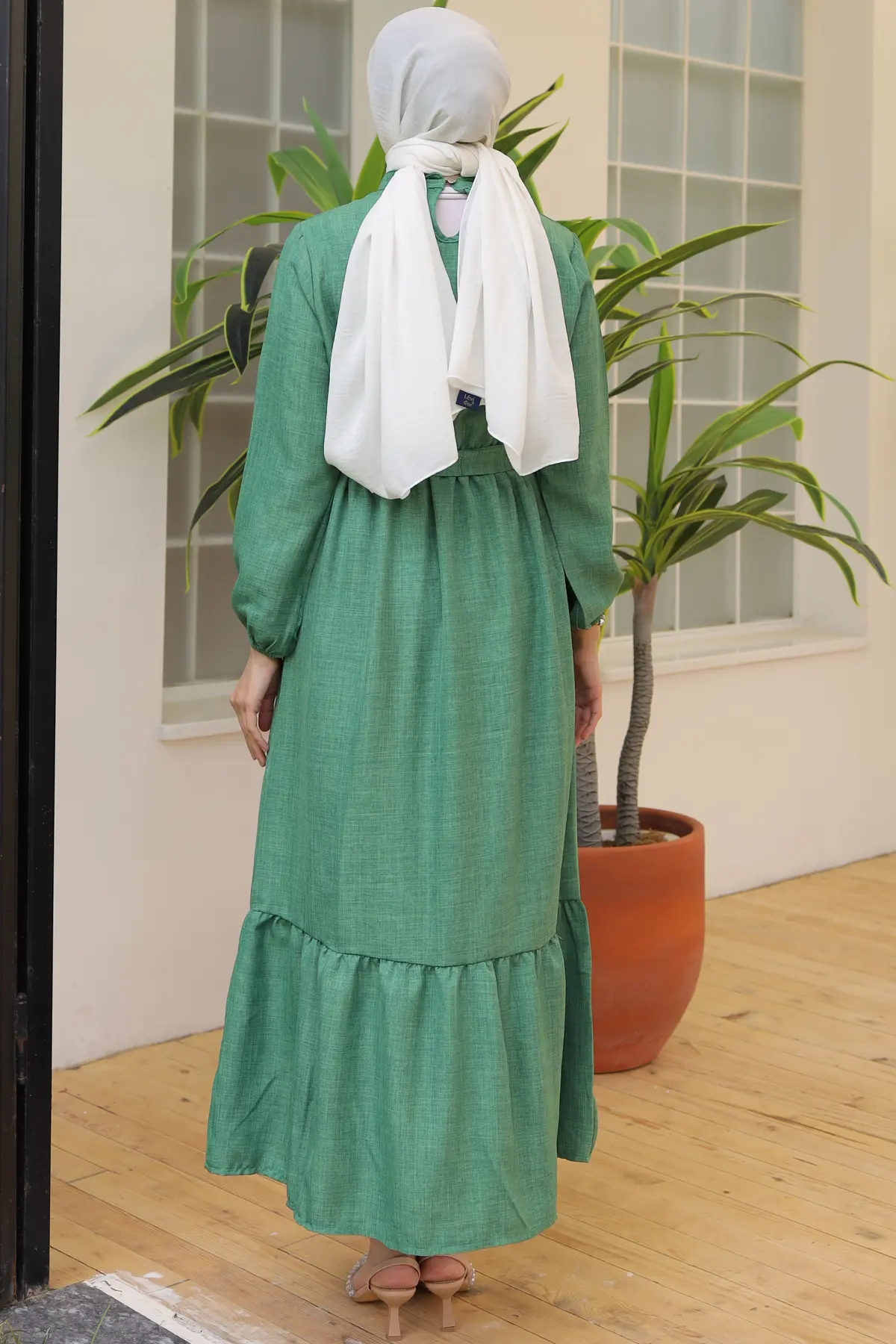 4034 İnci Kolyeli Keten Elbise Yeşil-detail