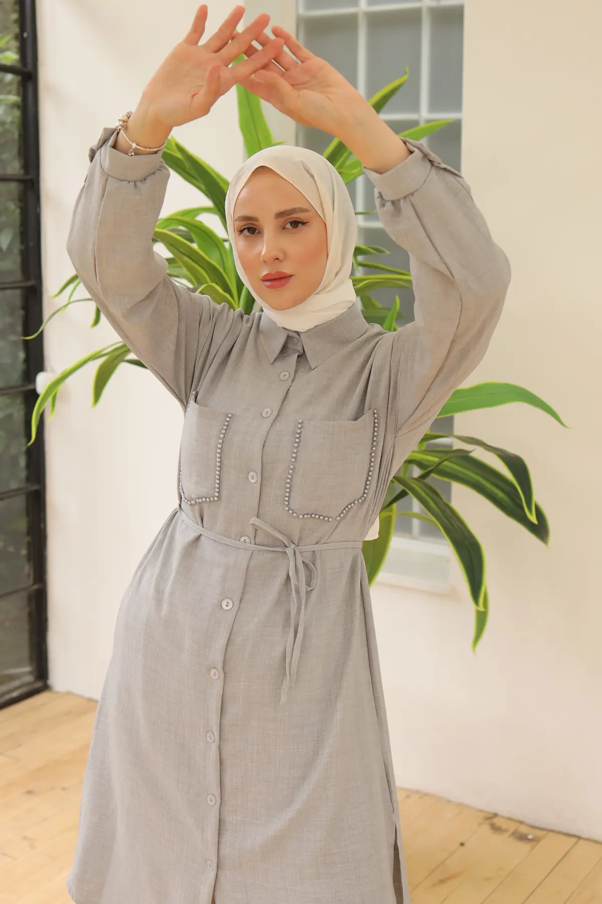 4035 Uzun Tunikli Keten Takım Gri-detail