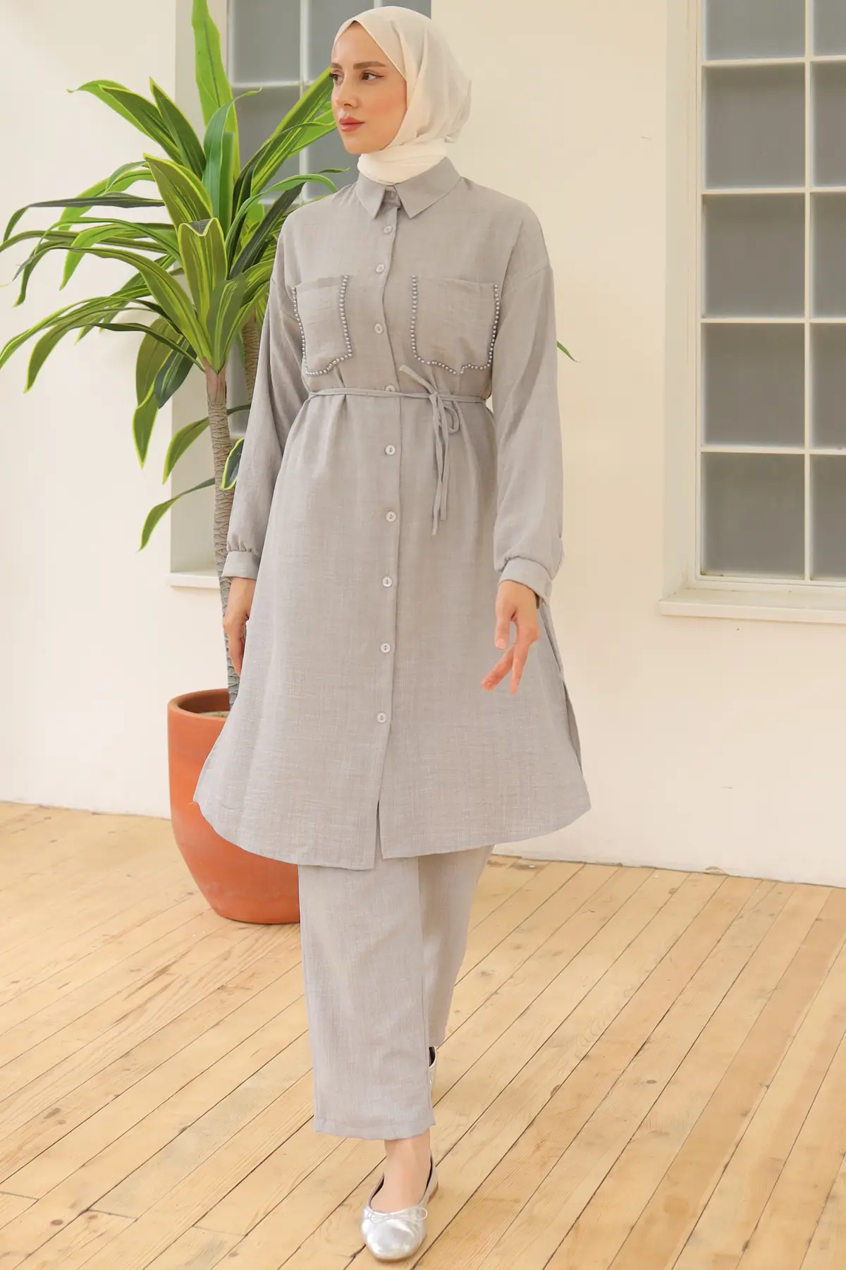 4035 Uzun Tunikli Keten Takım Gri-detail