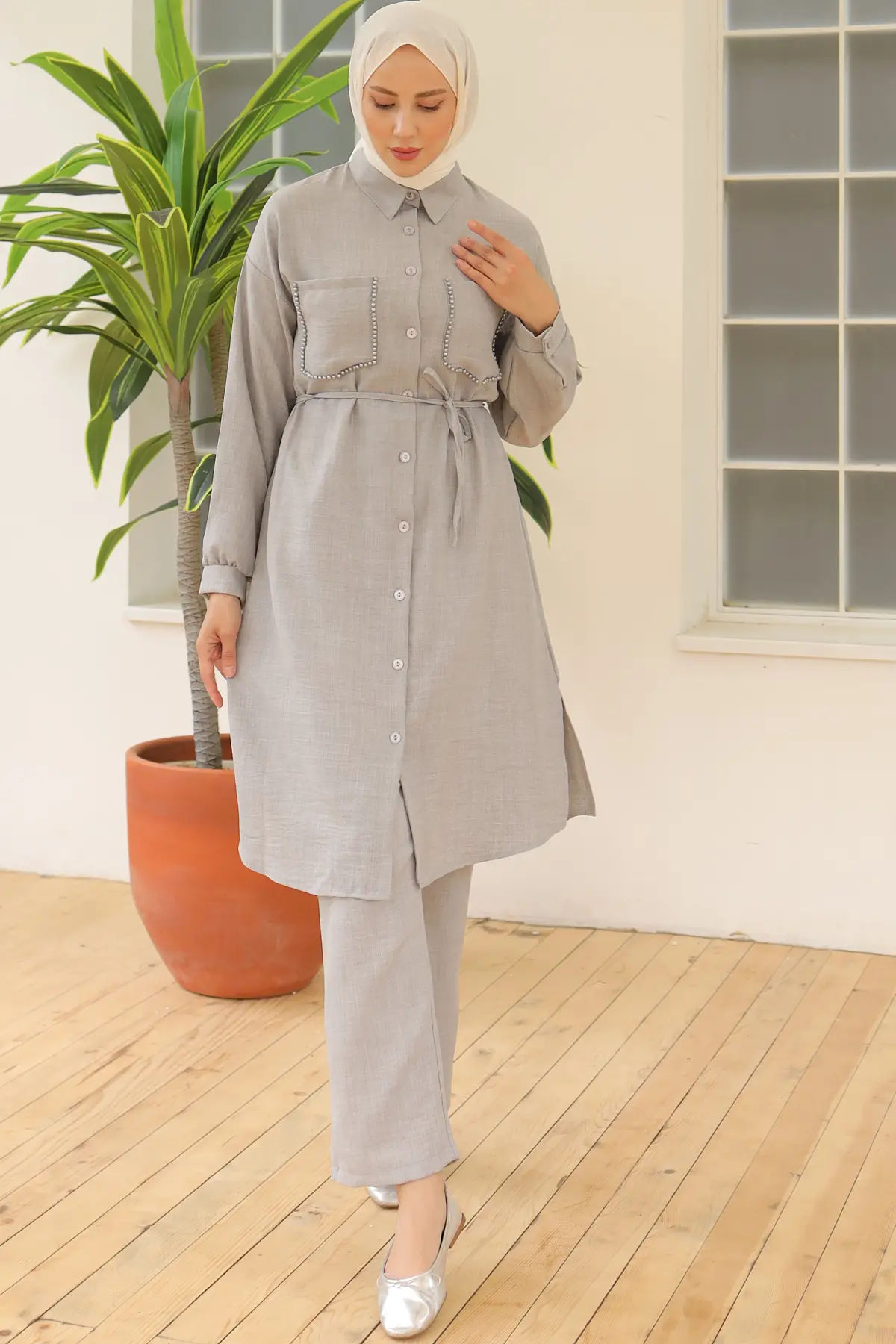 4035 Uzun Tunikli Keten Takım Gri-detail
