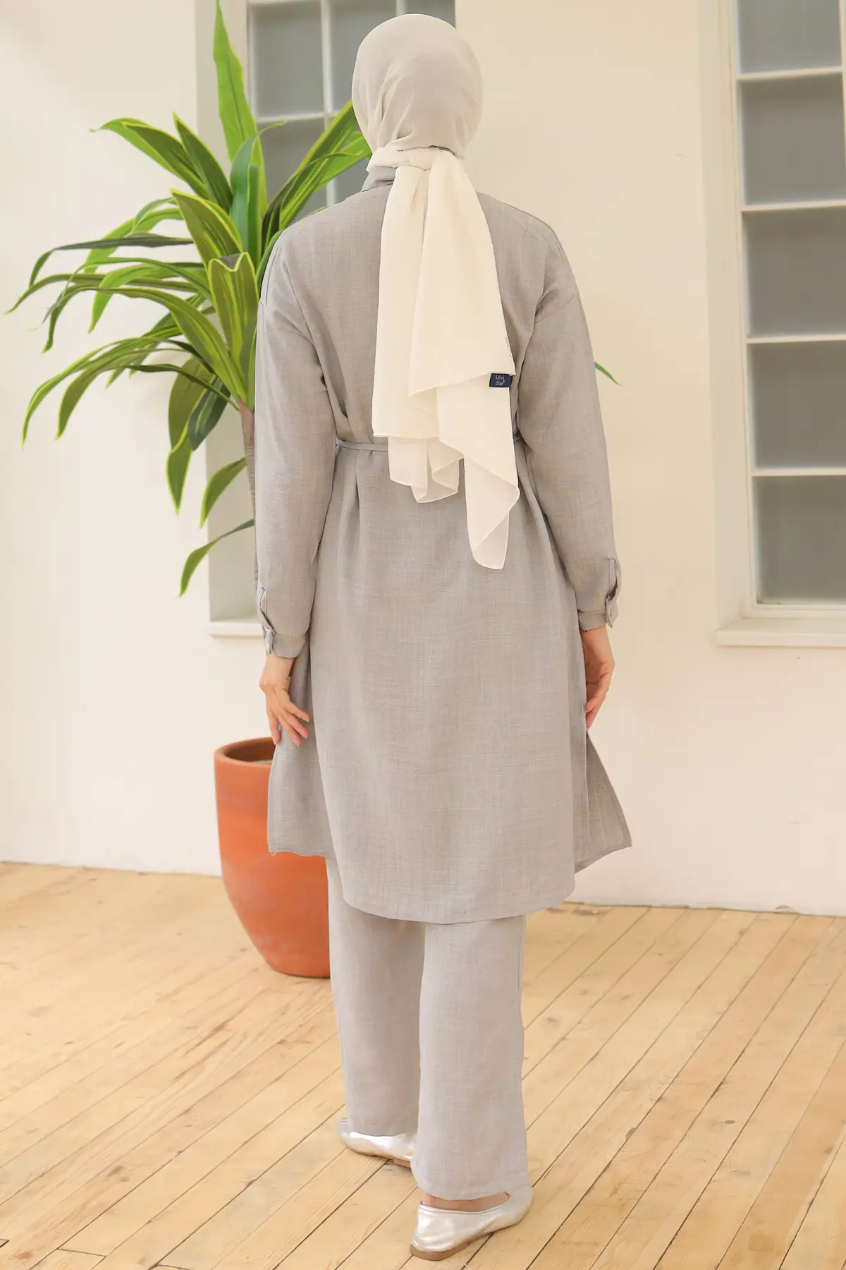 4035 Uzun Tunikli Keten Takım Gri-detail