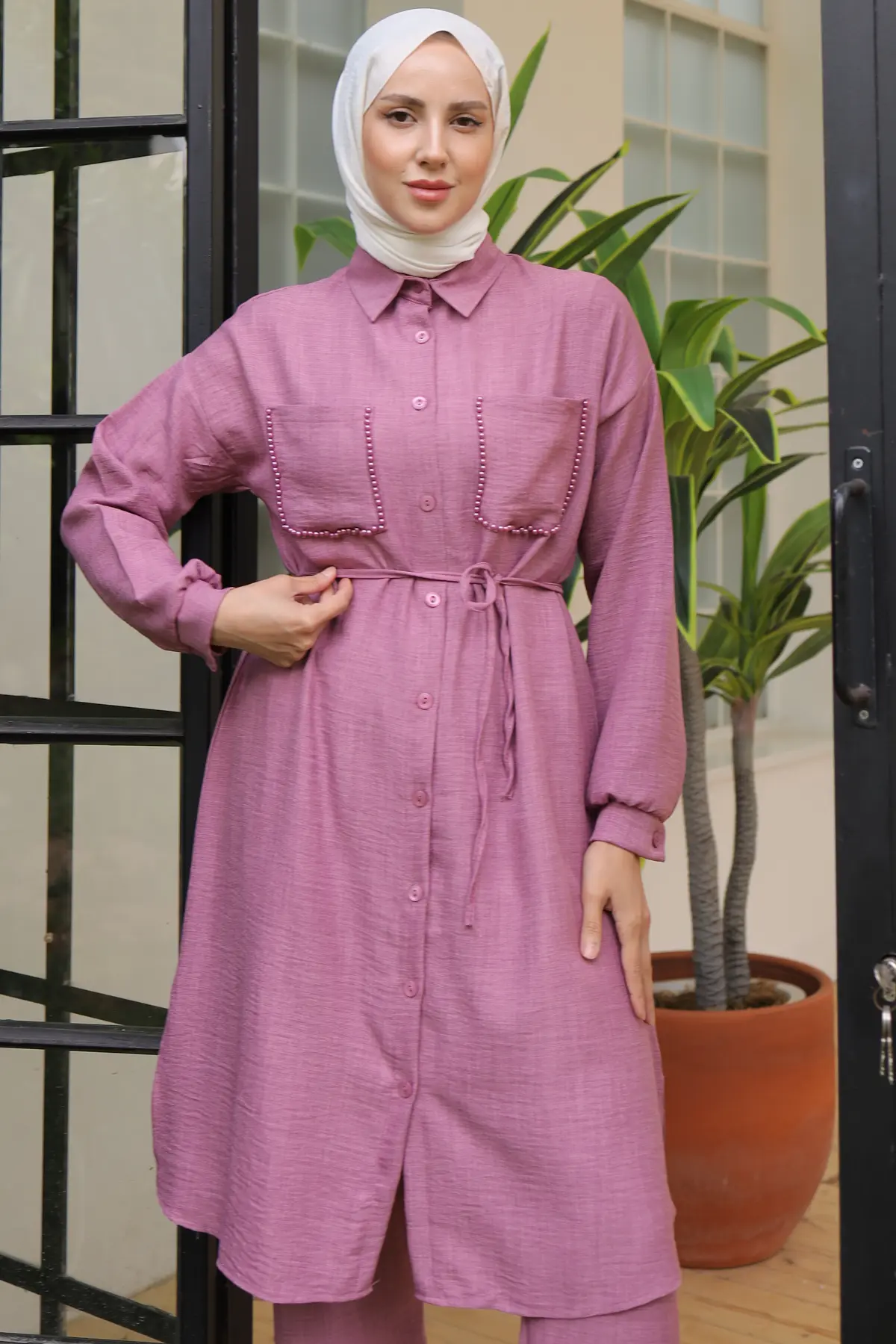 4035 Uzun Tunikli Keten Takım Gül Kurusu-detail