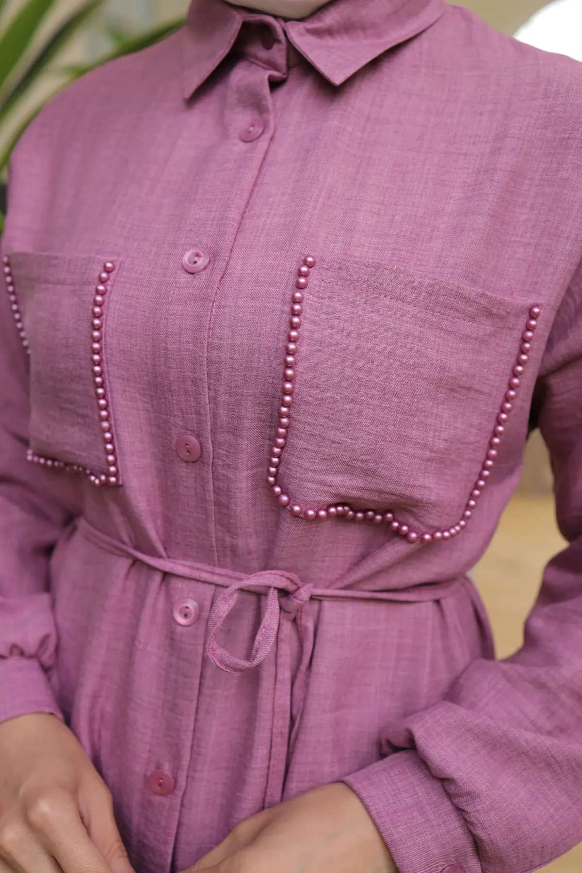 4035 Uzun Tunikli Keten Takım Gül Kurusu-detail