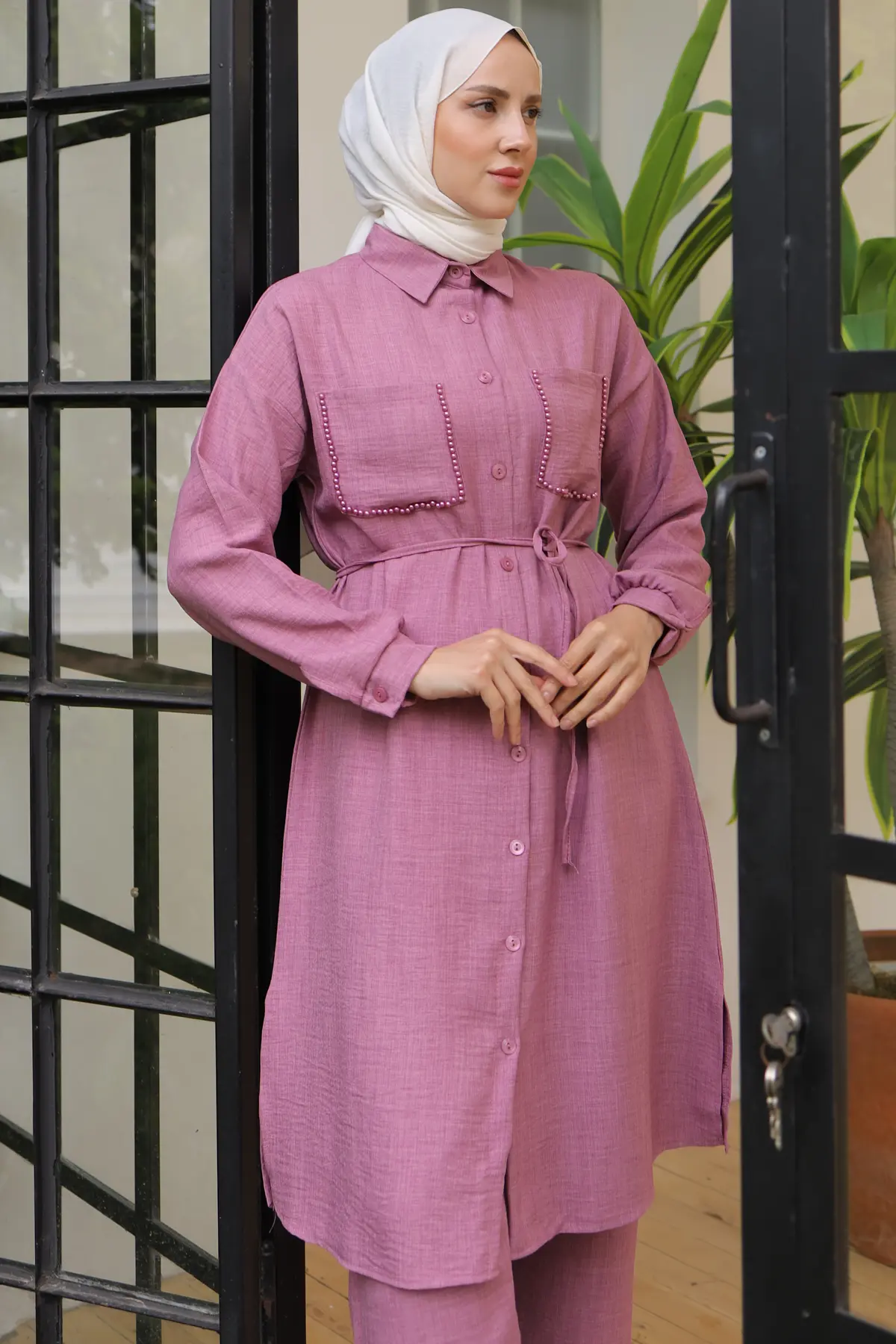 4035 Uzun Tunikli Keten Takım Gül Kurusu-detail