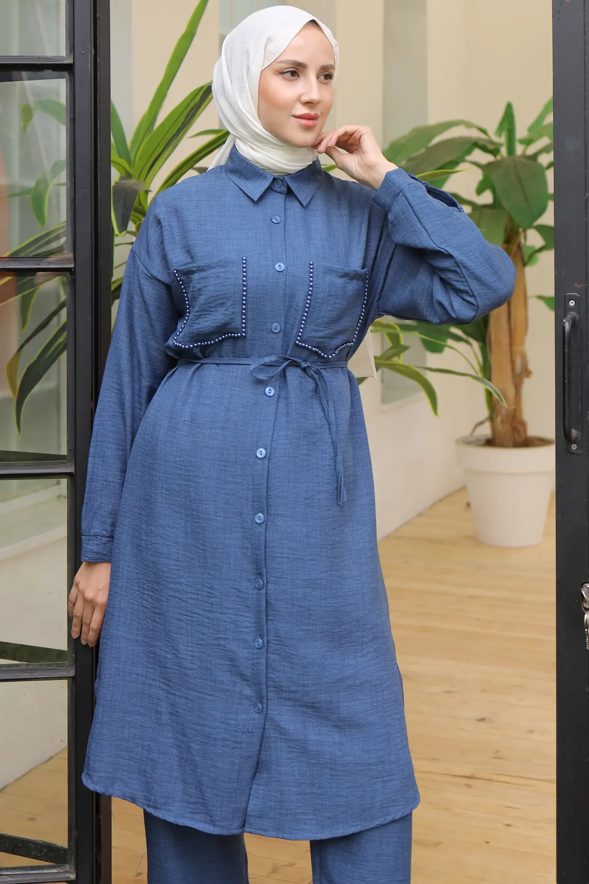 4035 Uzun Tunikli Keten Takım İndigo-detail