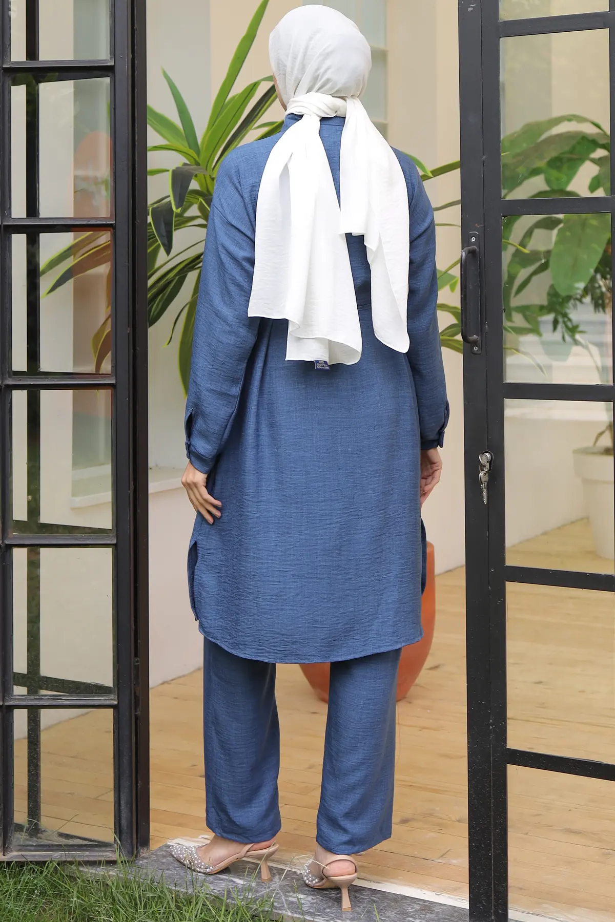 4035 Uzun Tunikli Keten Takım İndigo-detail