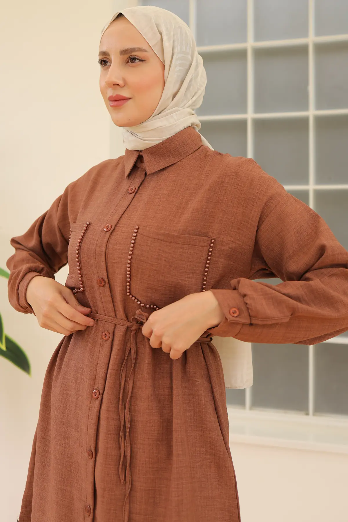 4035 Uzun Tunikli Keten Takım Kahverengi-detail