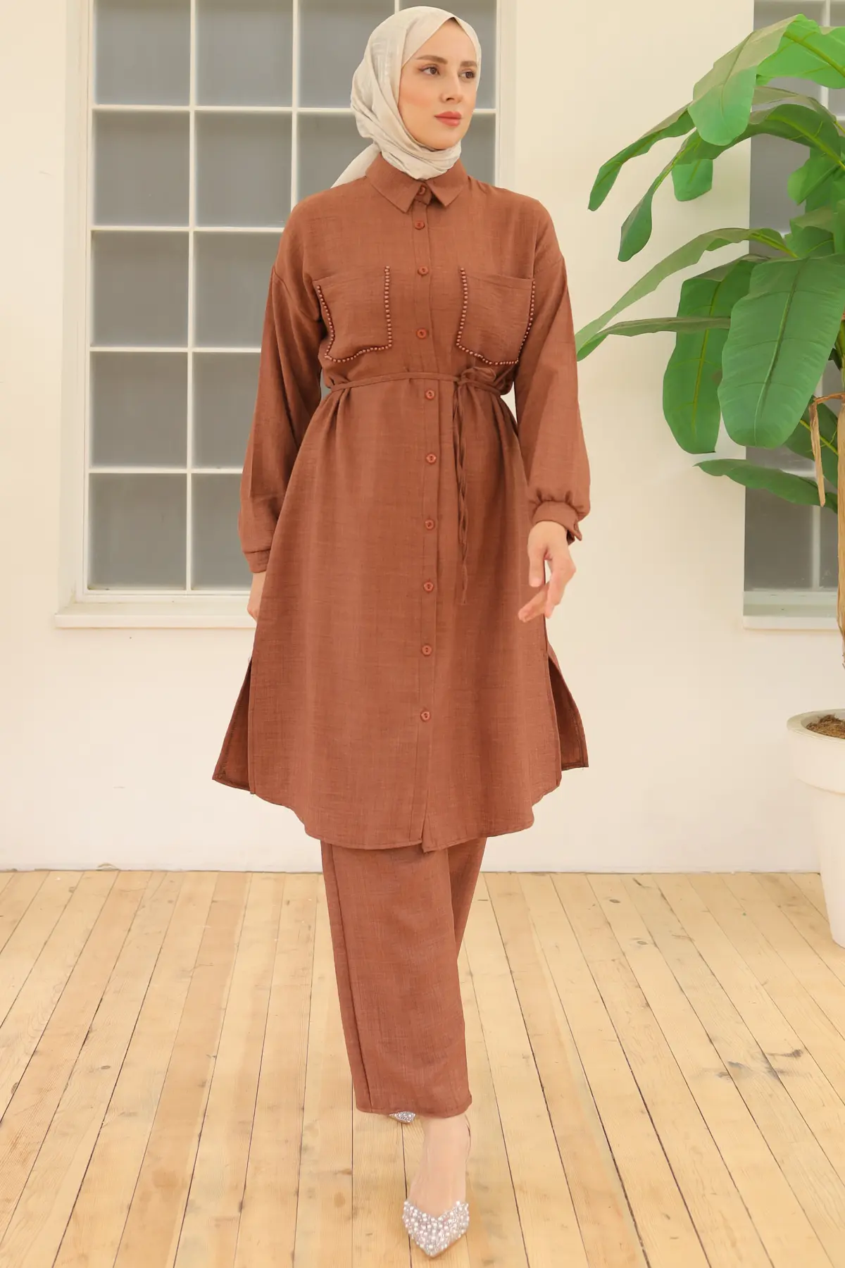 4035 Uzun Tunikli Keten Takım Kahverengi-detail