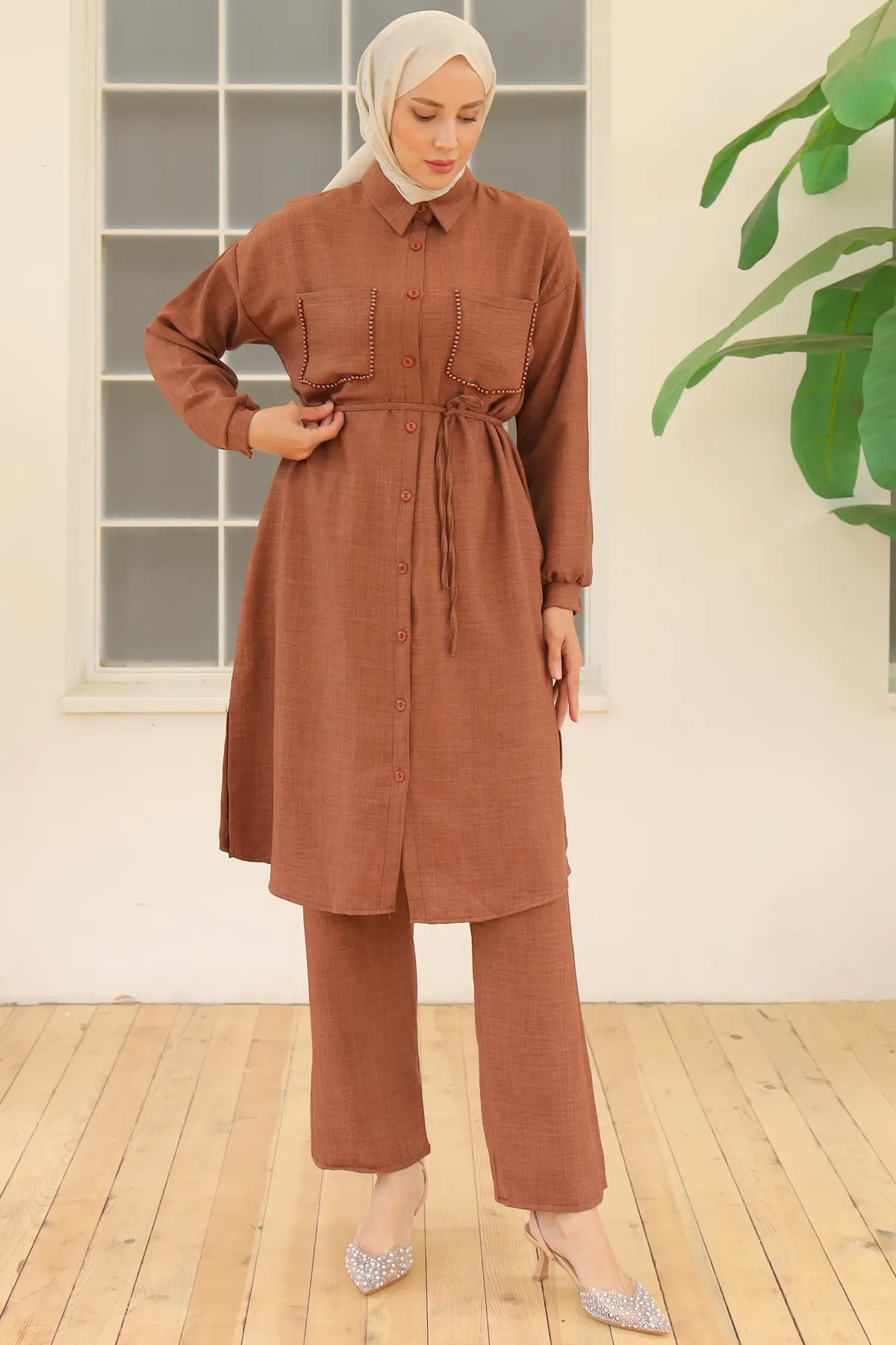 4035 Uzun Tunikli Keten Takım Kahverengi-detail