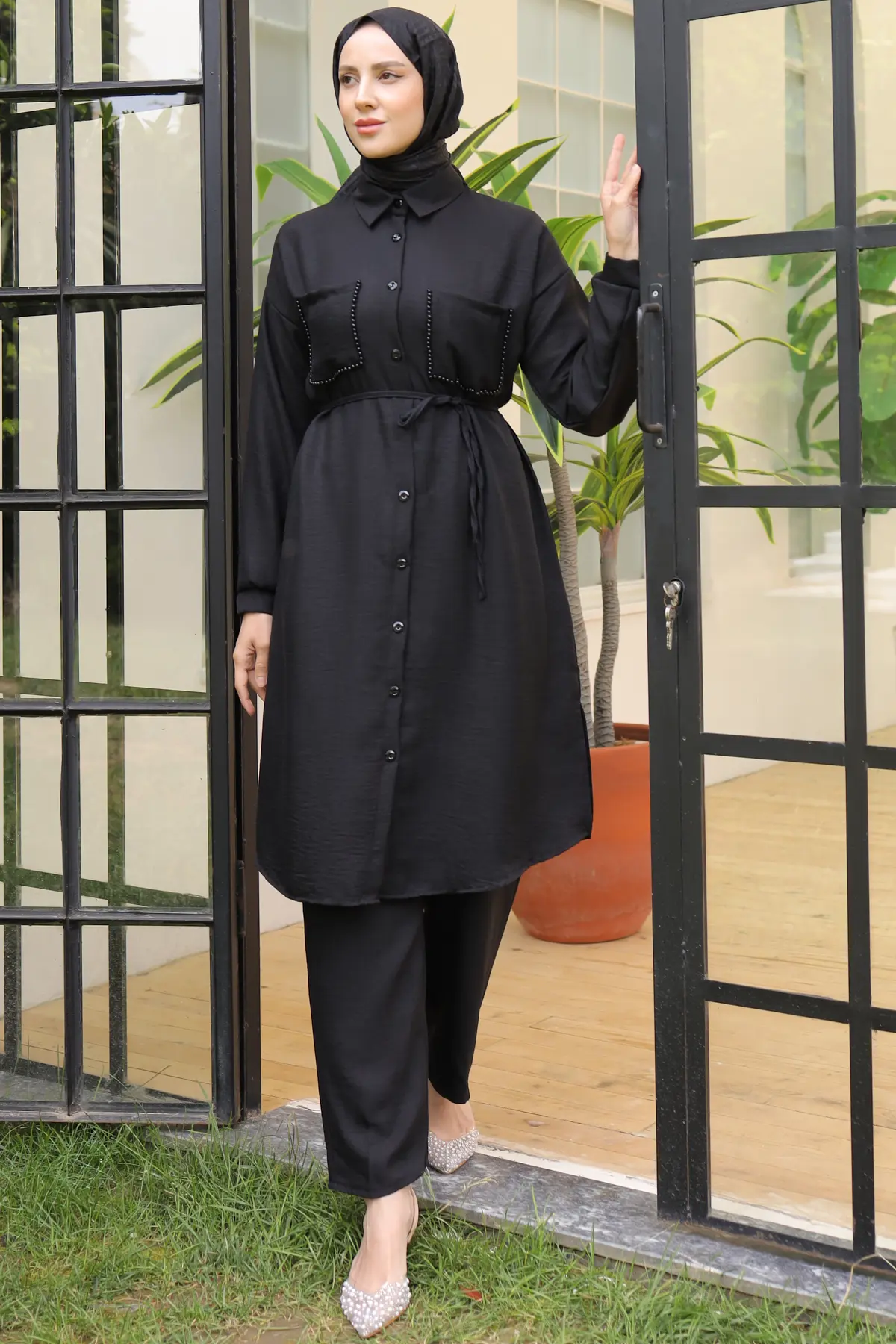 4035 Uzun Tunikli Keten Takım Siyah-detail