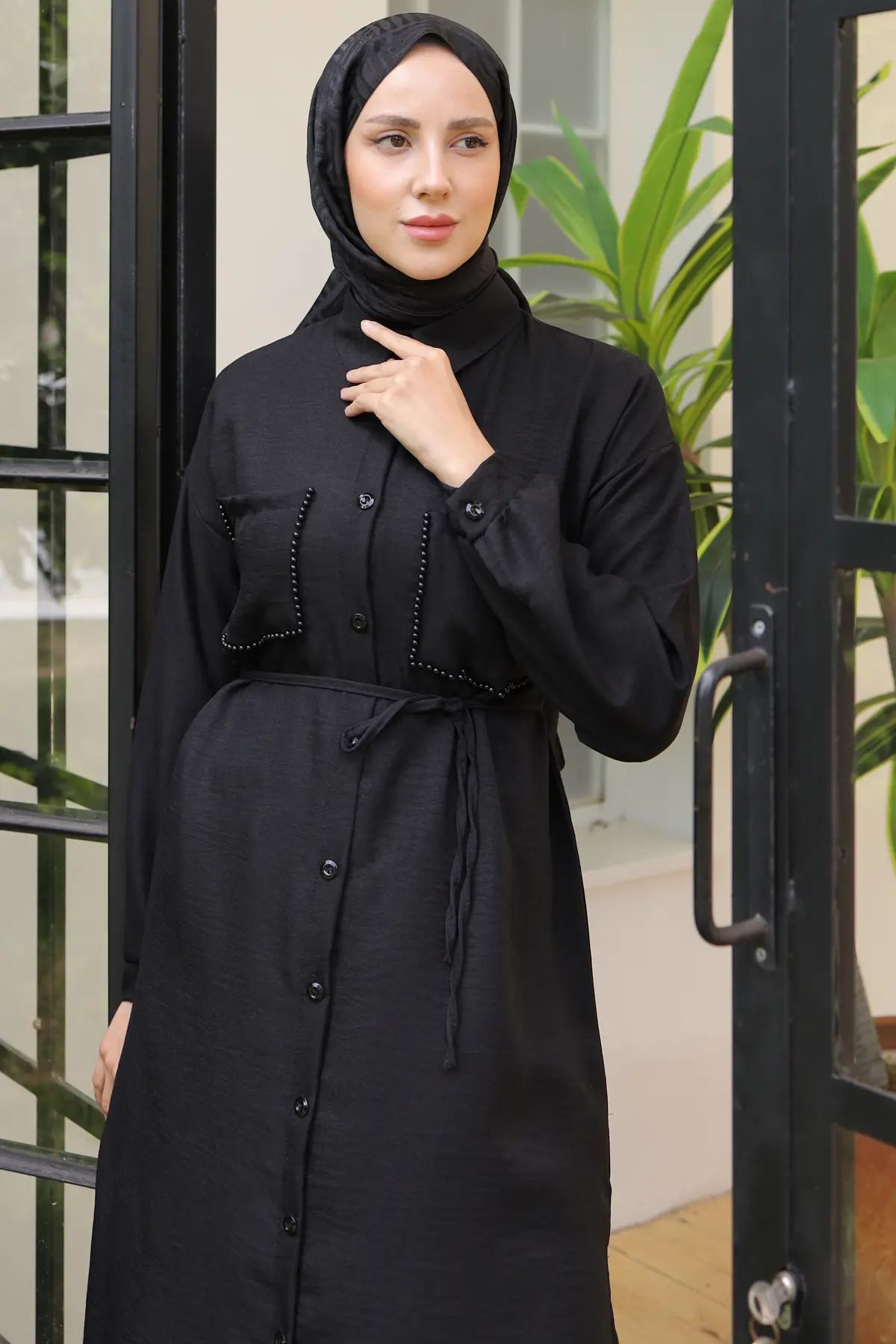 4035 Uzun Tunikli Keten Takım Siyah-detail