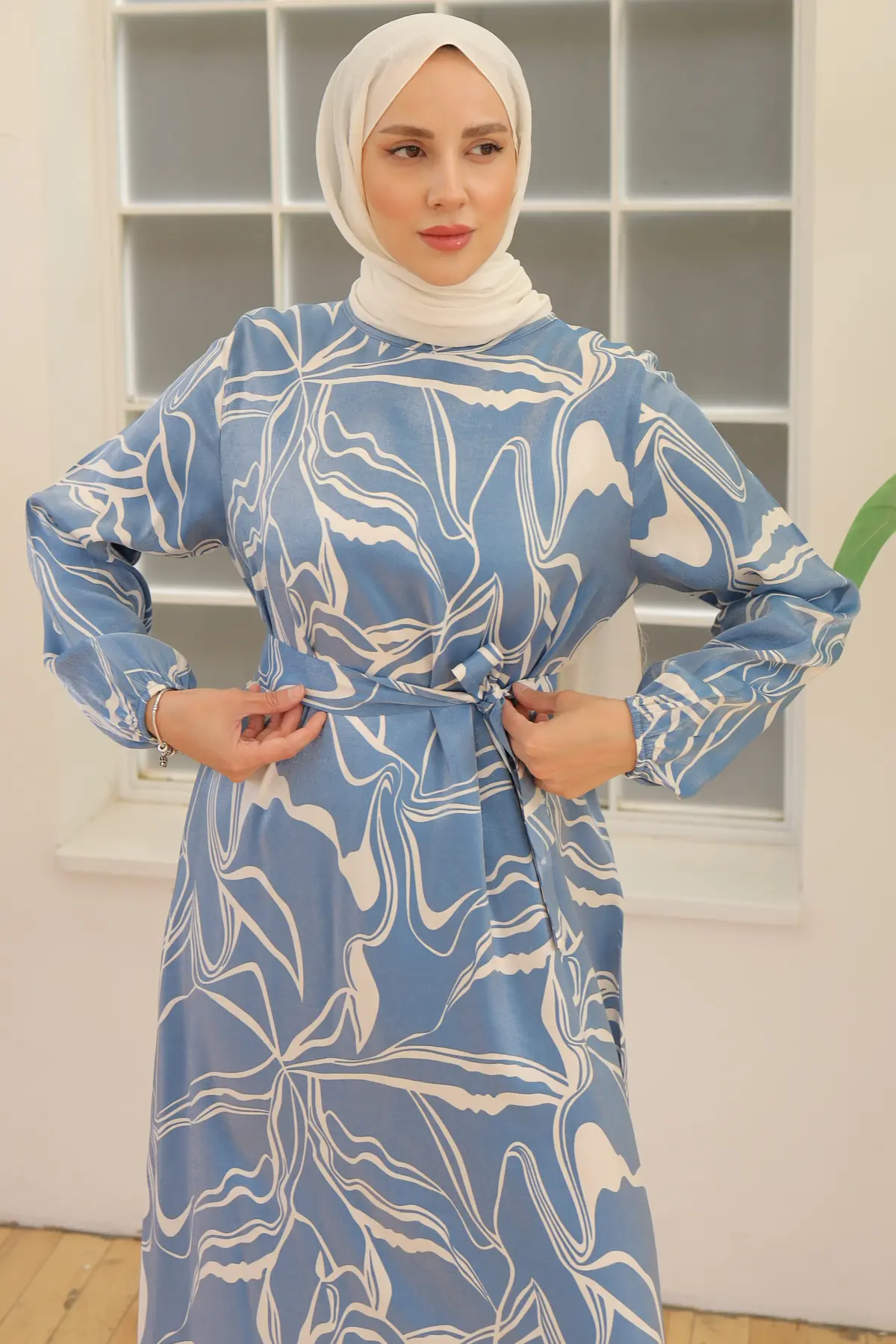 4037 Kuşaklı Desenli Elbise Mavi-detail