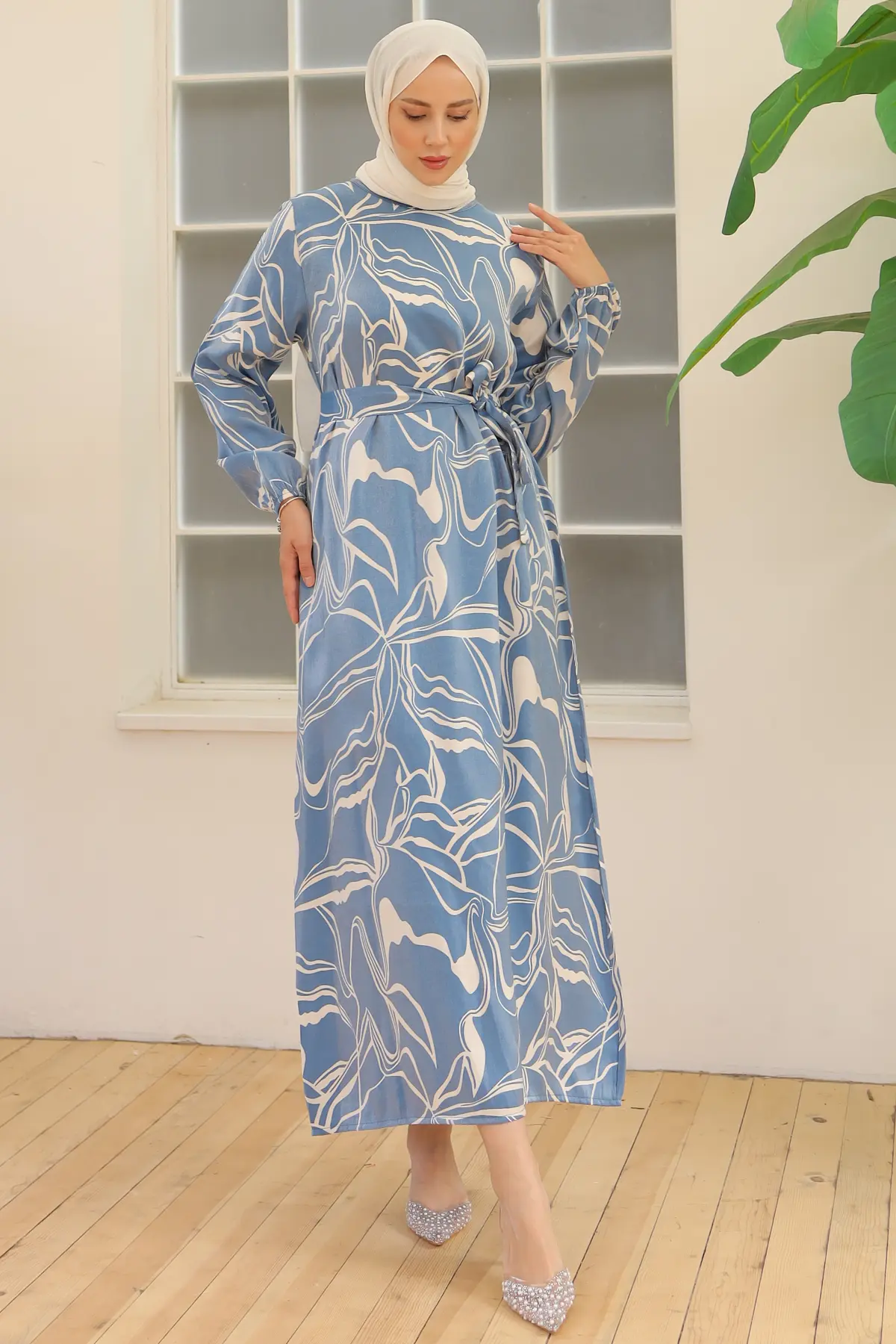 4037 Kuşaklı Desenli Elbise Mavi-detail