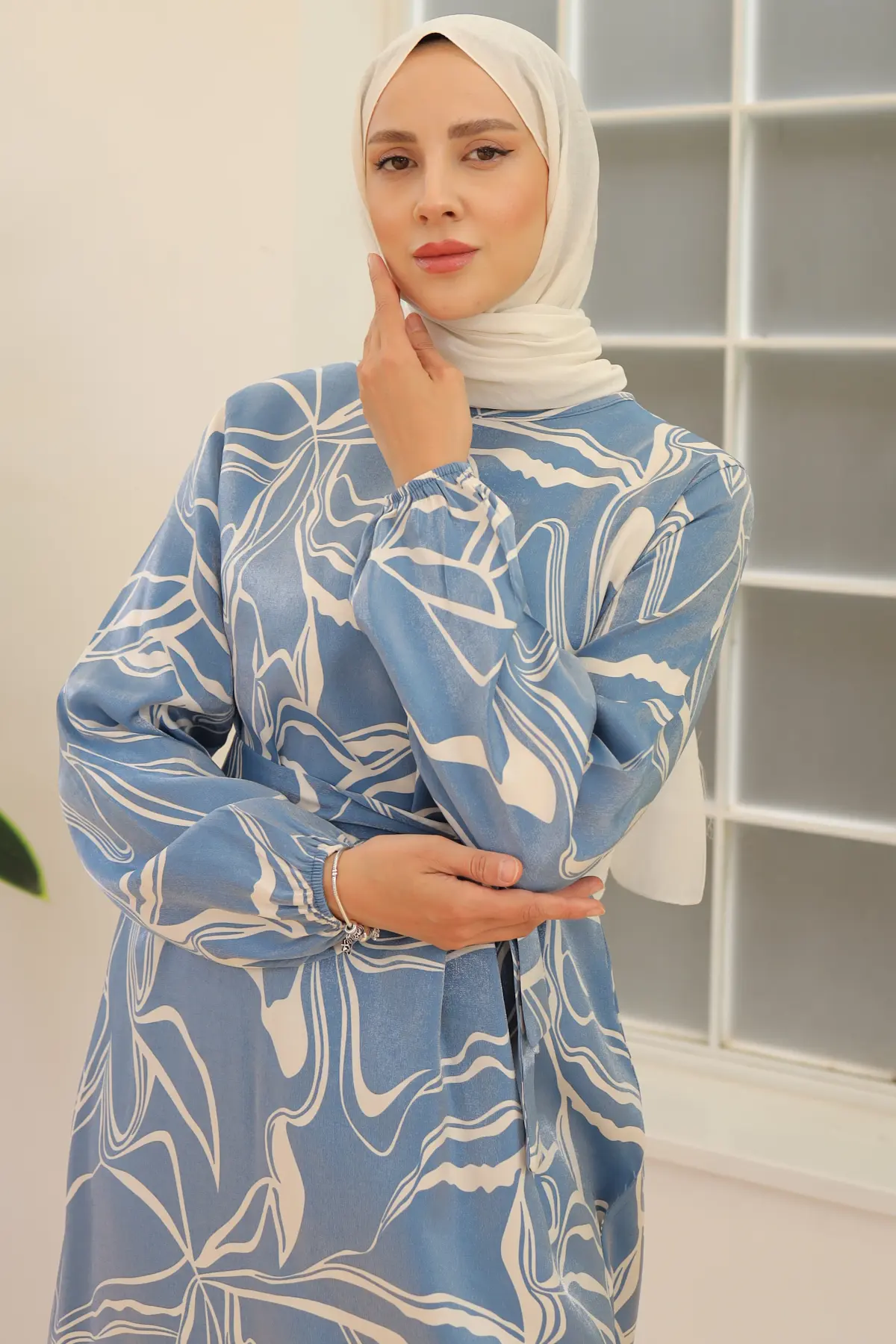 4037 Kuşaklı Desenli Elbise Mavi-detail