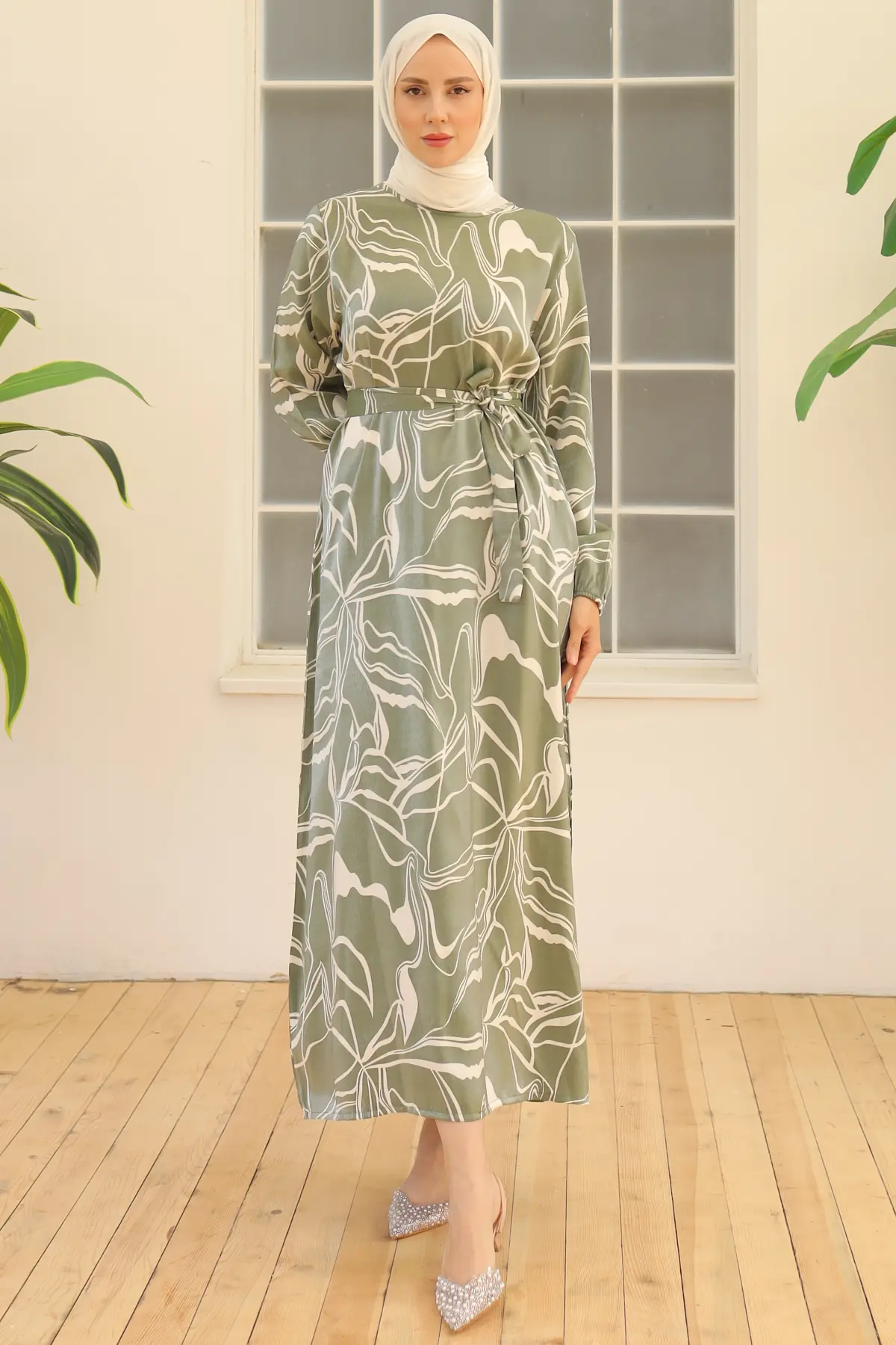 4037 Kuşaklı Desenli Elbise Yeşil-detail