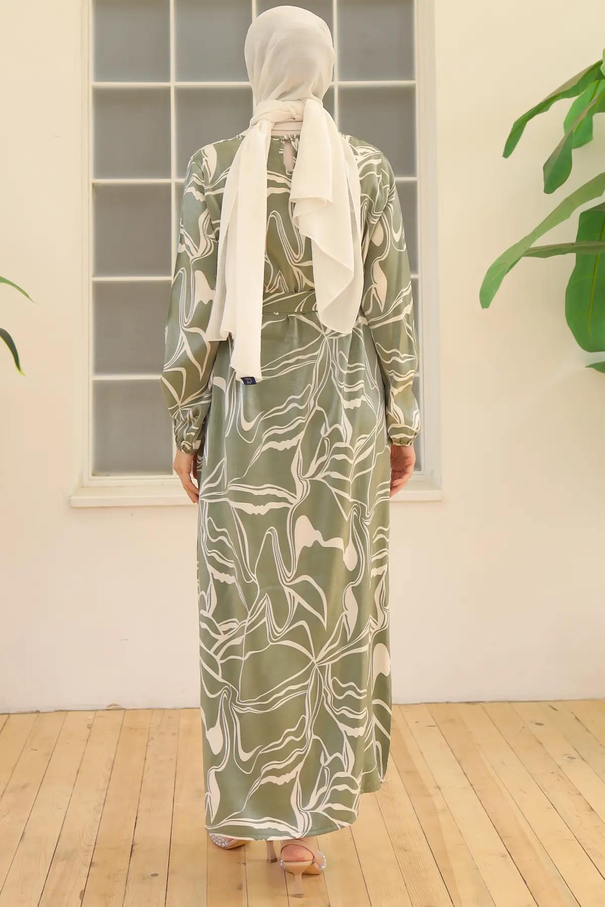 4037 Kuşaklı Desenli Elbise Yeşil-detail