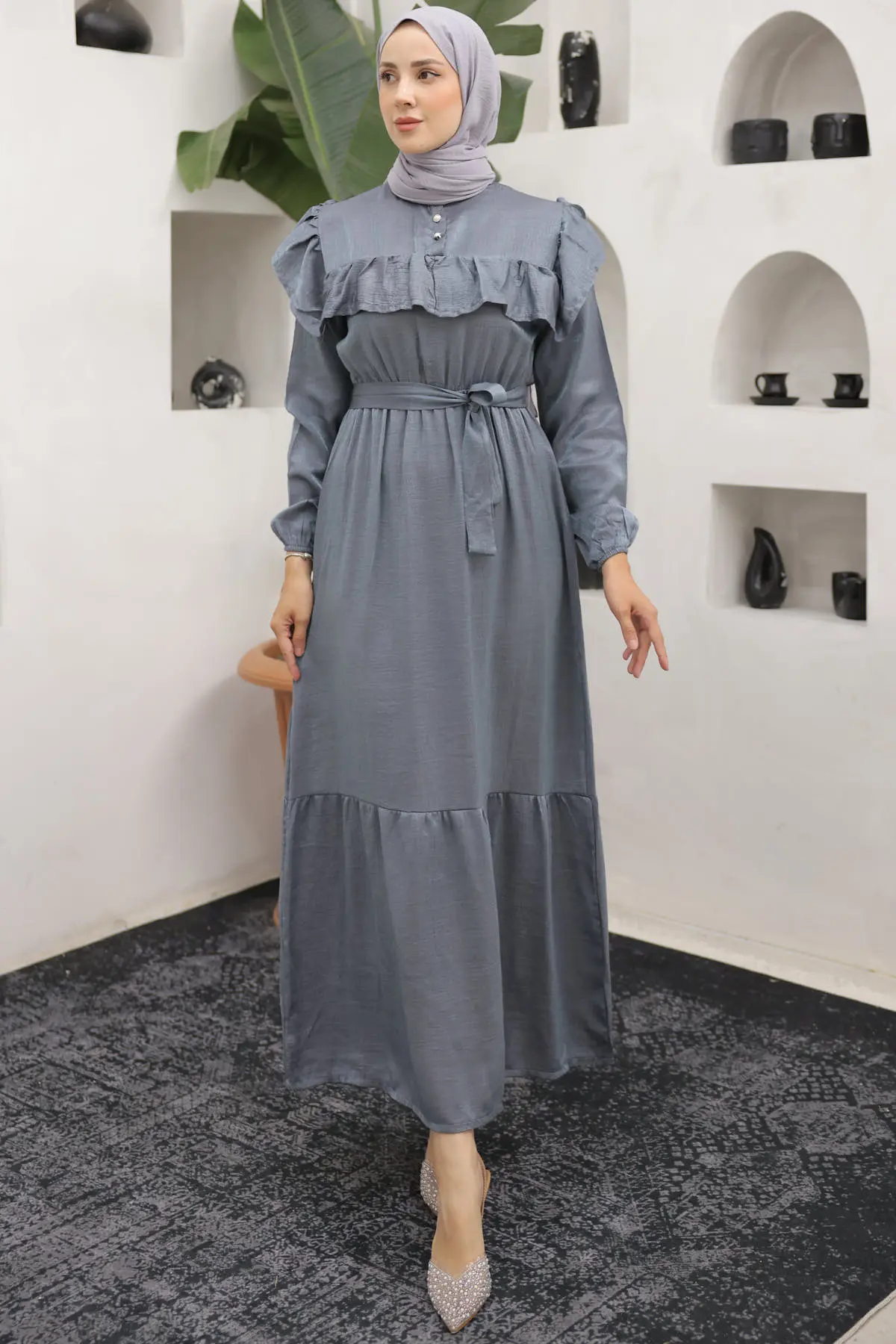 4043 Önü Fırfır Detaylı Düğmeli Elbise Gri-detail