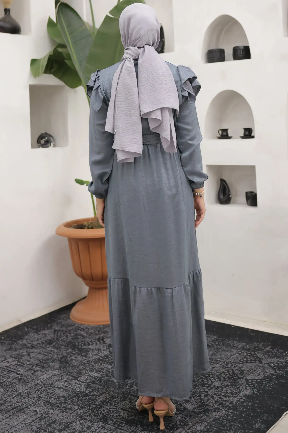 4043 Önü Fırfır Detaylı Düğmeli Elbise Gri-detail