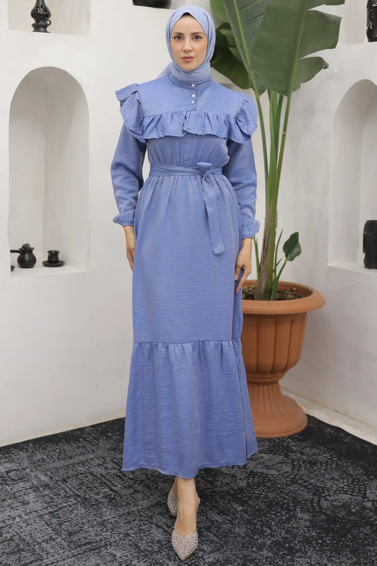 4043 Önü Fırfır Detaylı Düğmeli Elbise Mavi-detail
