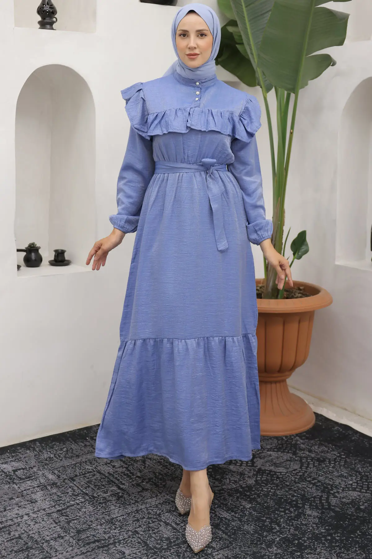 4043 Önü Fırfır Detaylı Düğmeli Elbise Mavi-detail