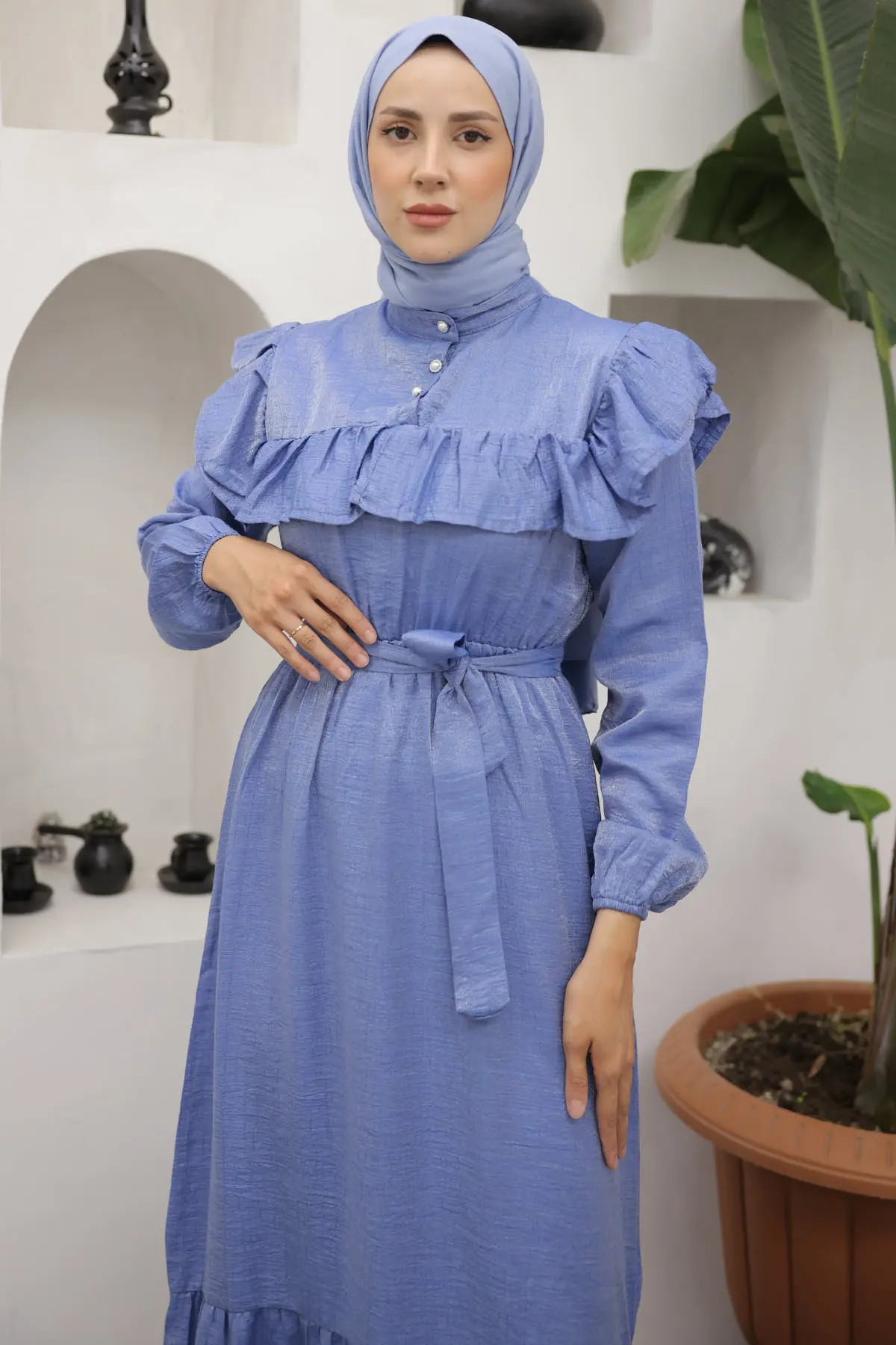 4043 Önü Fırfır Detaylı Düğmeli Elbise Mavi-detail