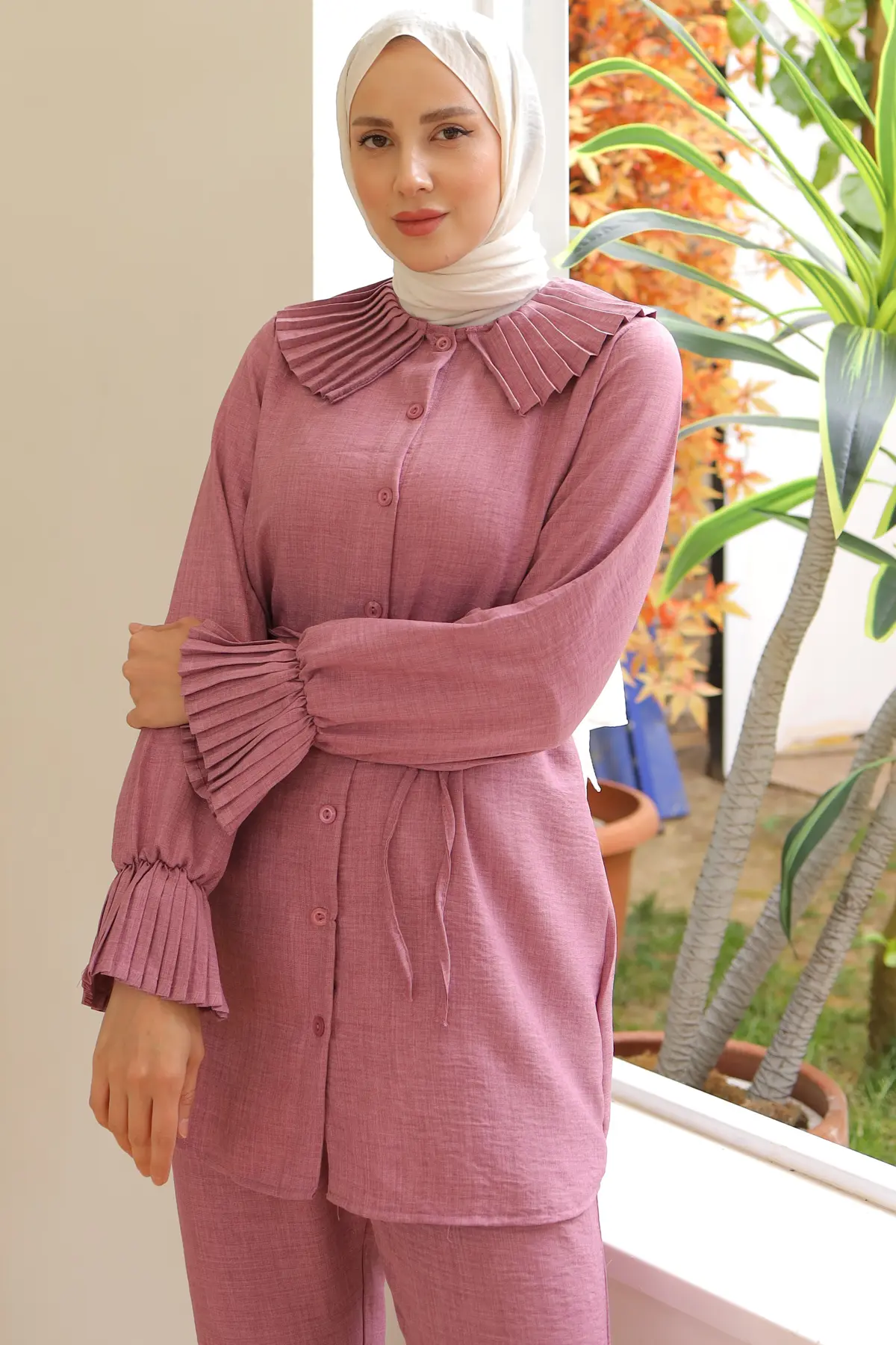 4044 Yakası Ve Kolları Pliseli Keten Takım Gül Kurusu-detail