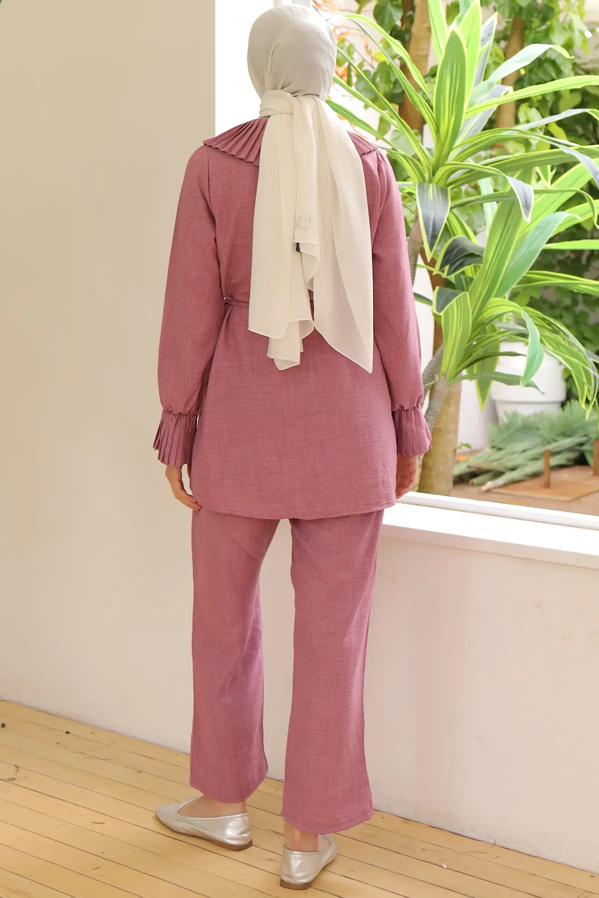 4044 Yakası Ve Kolları Pliseli Keten Takım Gül Kurusu-detail