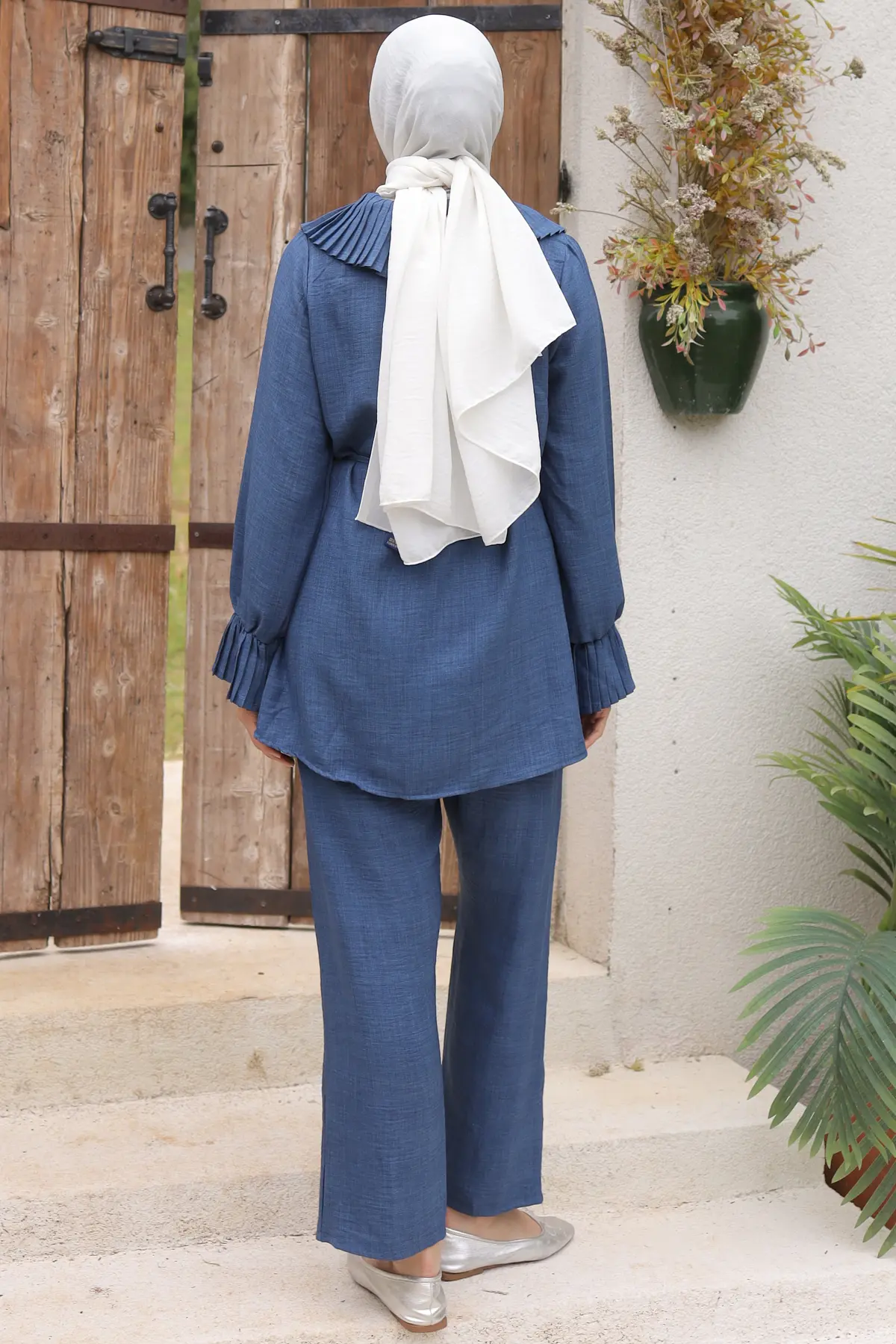 4044 Yakası Ve Kolları Pliseli Keten Takım İndigo-detail