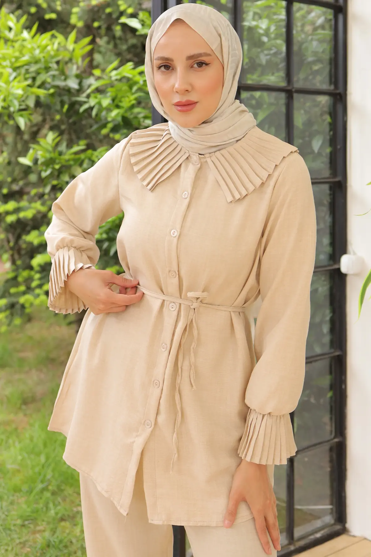 4044 Yakası Ve Kolları Pliseli Keten Takım Taş Rengi-detail