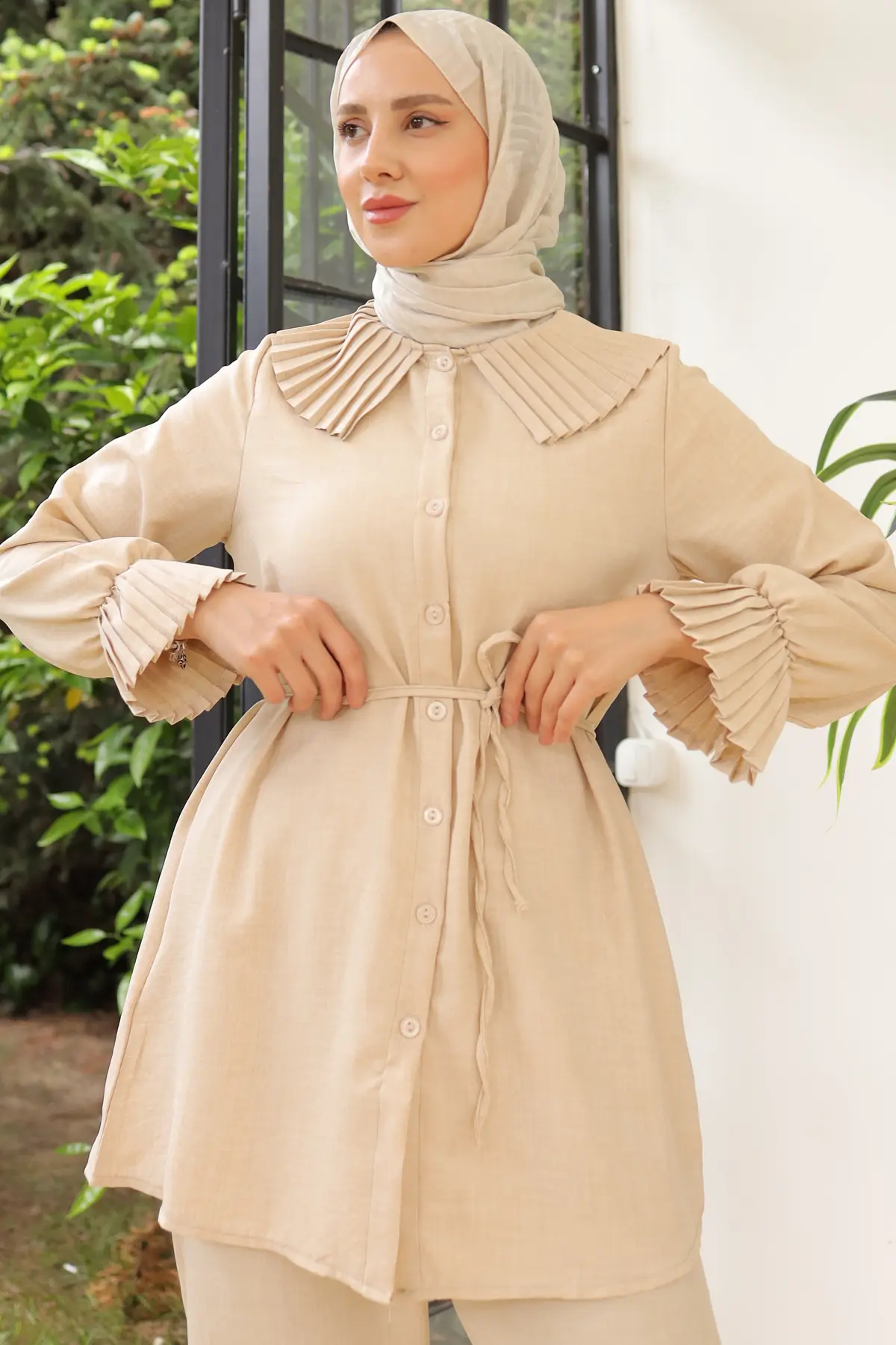 4044 Yakası Ve Kolları Pliseli Keten Takım Taş Rengi-detail