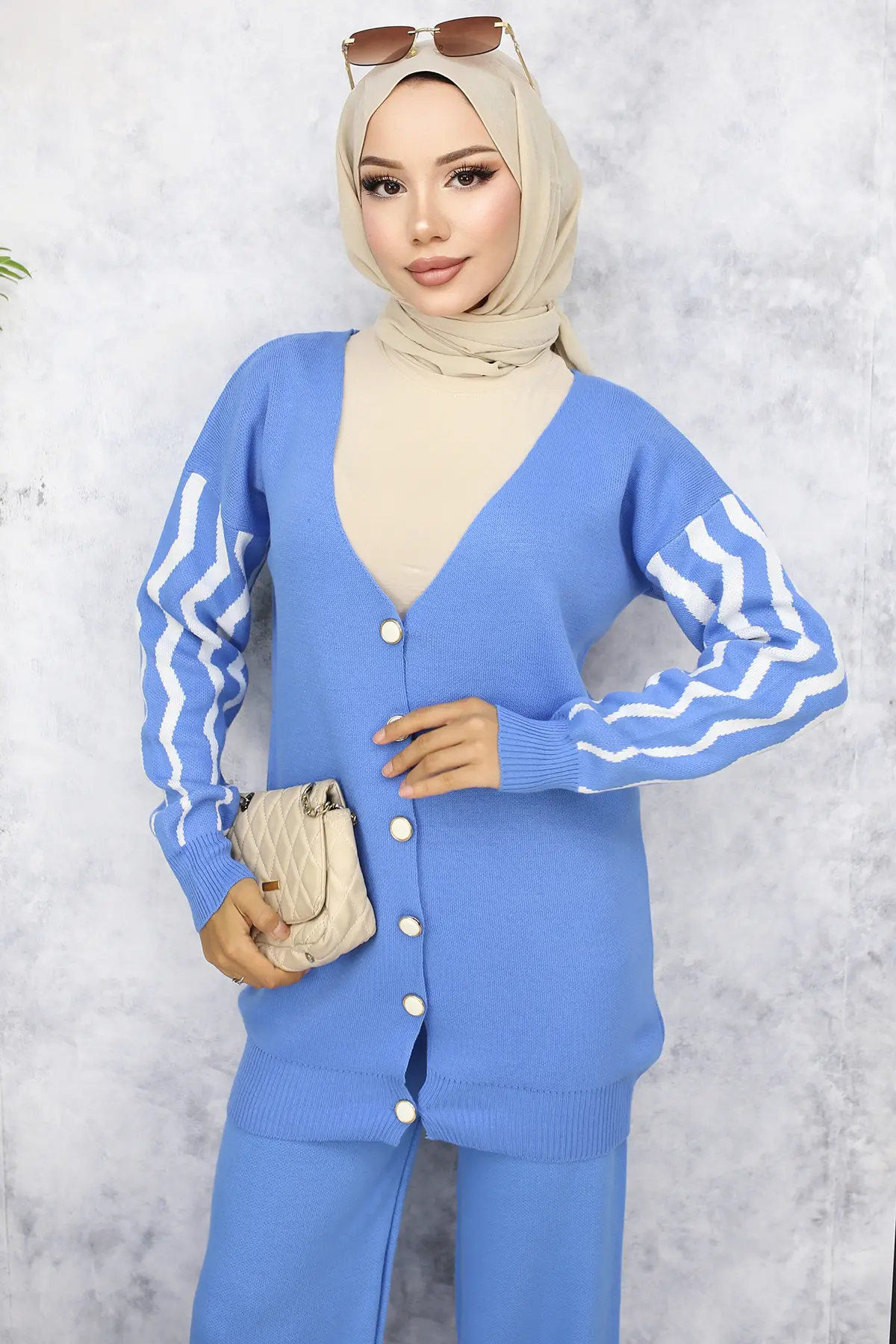 4064 Kolları Desenli Triko Takım Mavi-detail